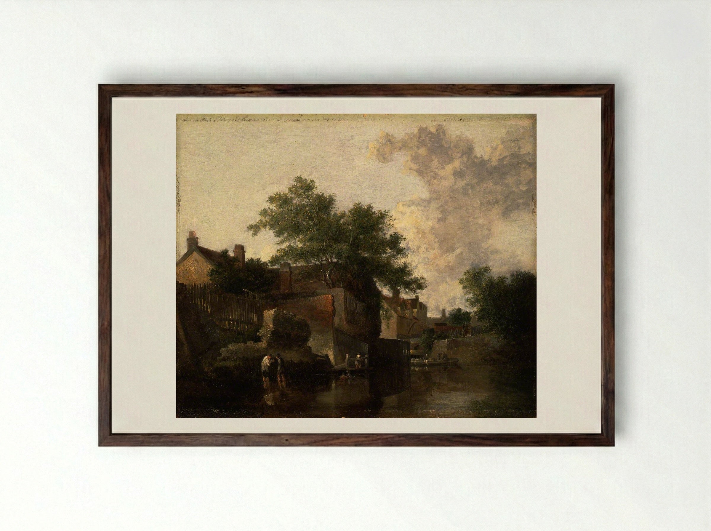 New Mills, Norfolk: Men Wading - John Crome - Framed Print Dark Wood