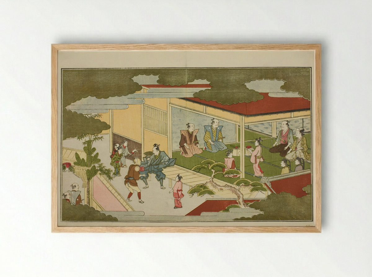 New Year in a Samurai Mansion - Kitagawa Utamaro - Framed Print Wood