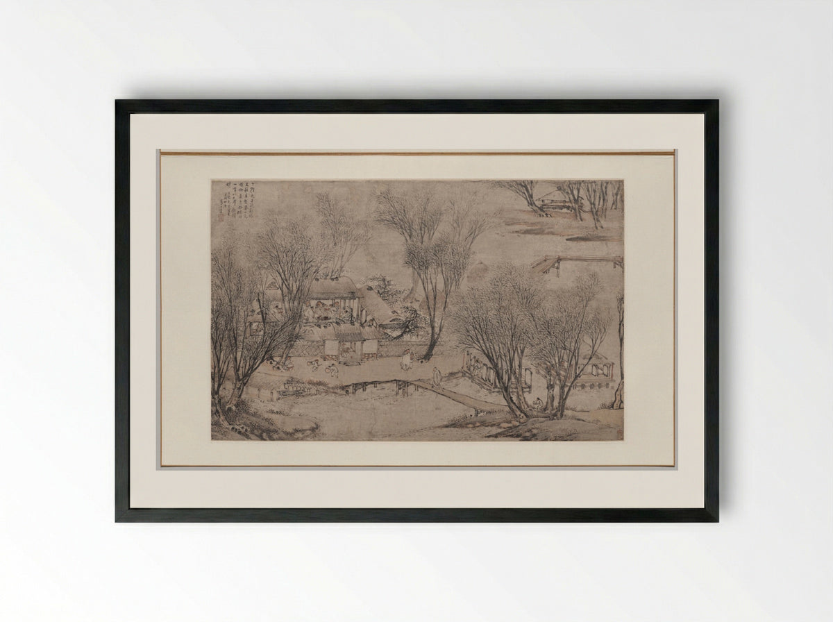 New Year's Day in a Village at Stone Lake - Li Shida - Framed Print Black
