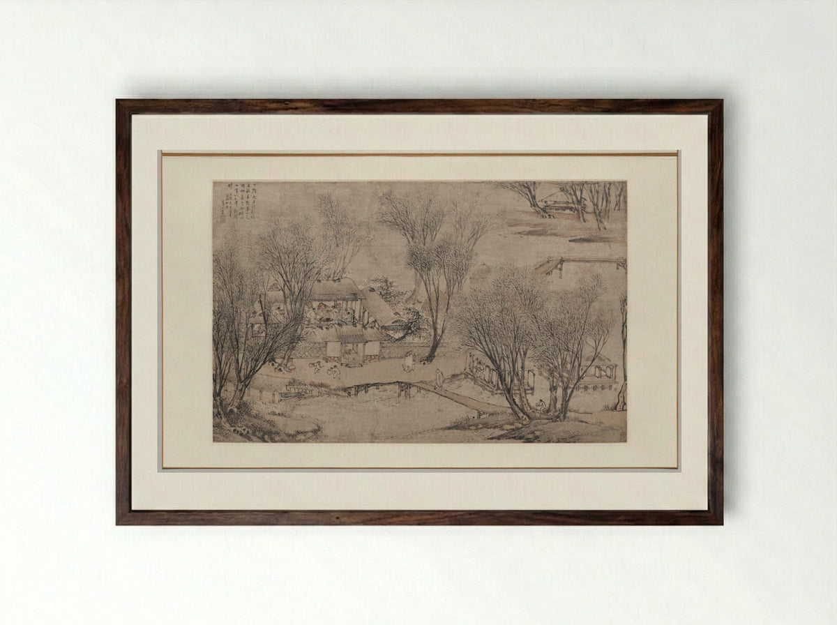 New Year's Day in a Village at Stone Lake - Li Shida - Framed Print Dark Wood