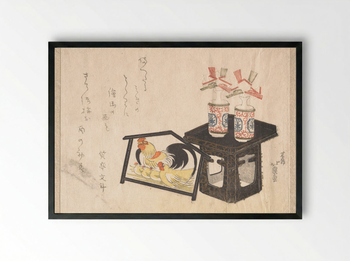 New Year’s Sake Bottles and Shrine Plaque (Ema) for the Year of the Rooster - Katsushika Hokusen - Framed Print Black