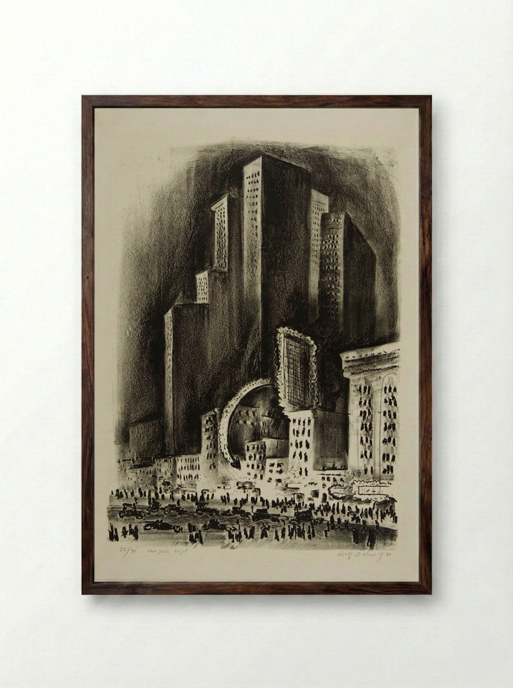 New York Night - Adolph Dehn - Framed Print Dark Wood