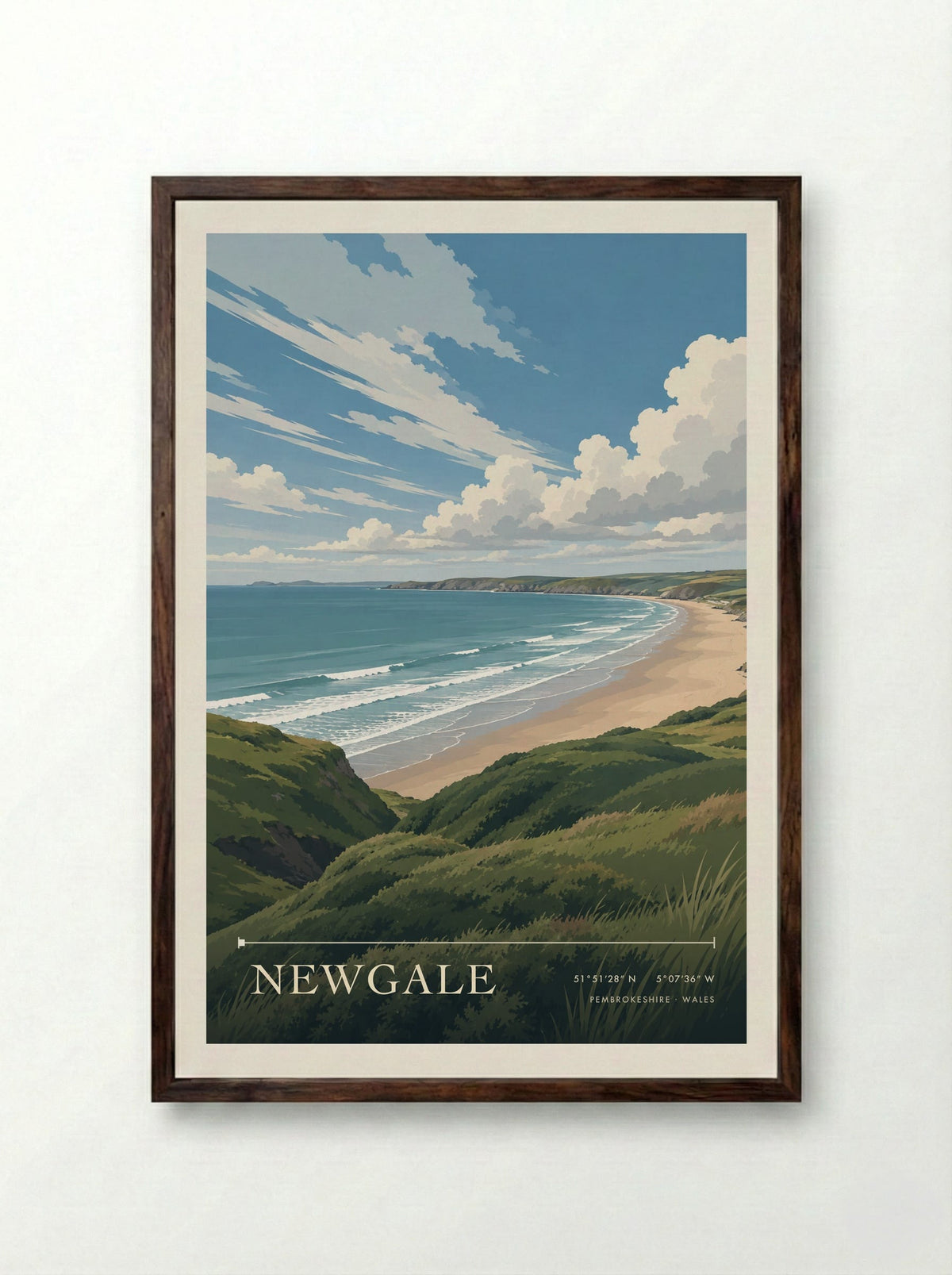 Newgale, Pembrokeshire | Travel Poster - Framed Print Dark Wood
