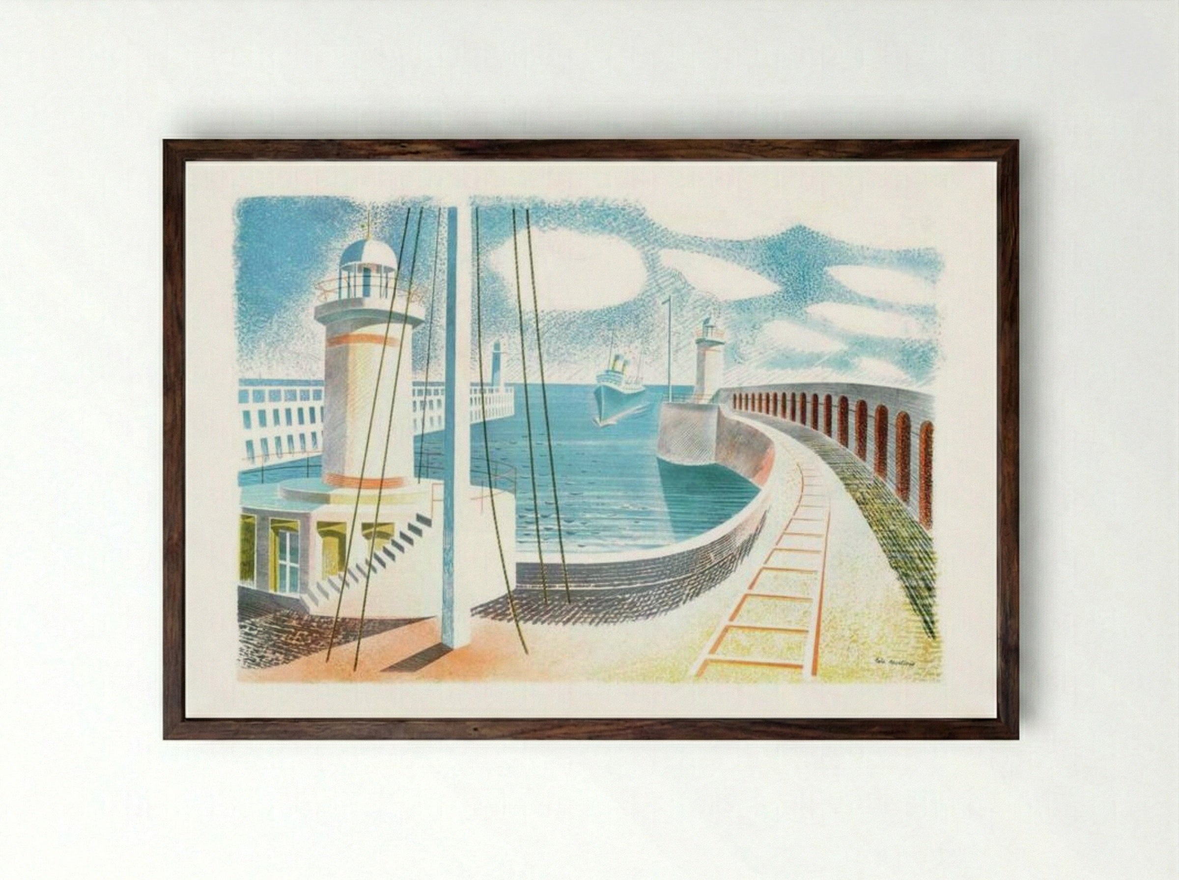 Newhaven Harbour - Eric Ravilious - Framed Print Dark Wood
