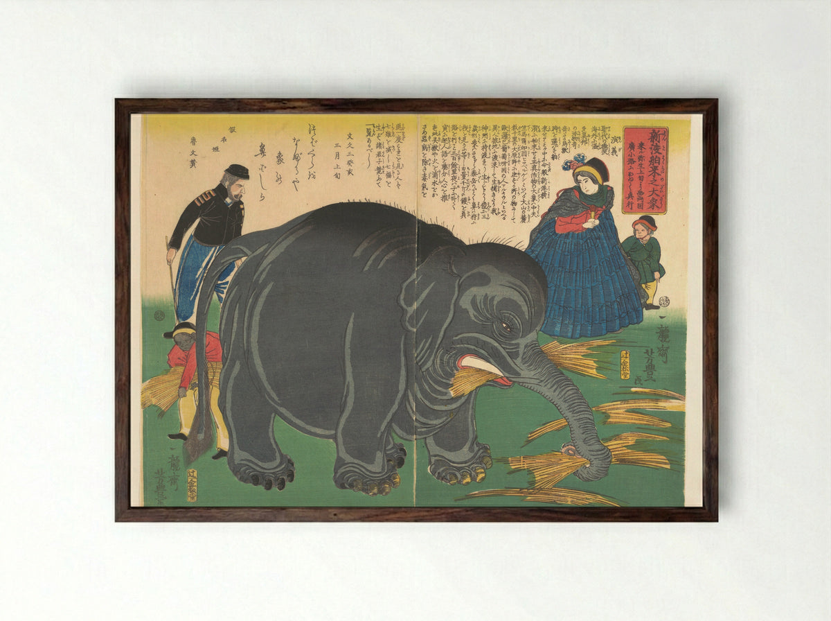 Newly Imported Great Elephant (Shinto hakurai no daizō) - Ichiryūsai Yoshitoyo - Framed Print Dark Wood