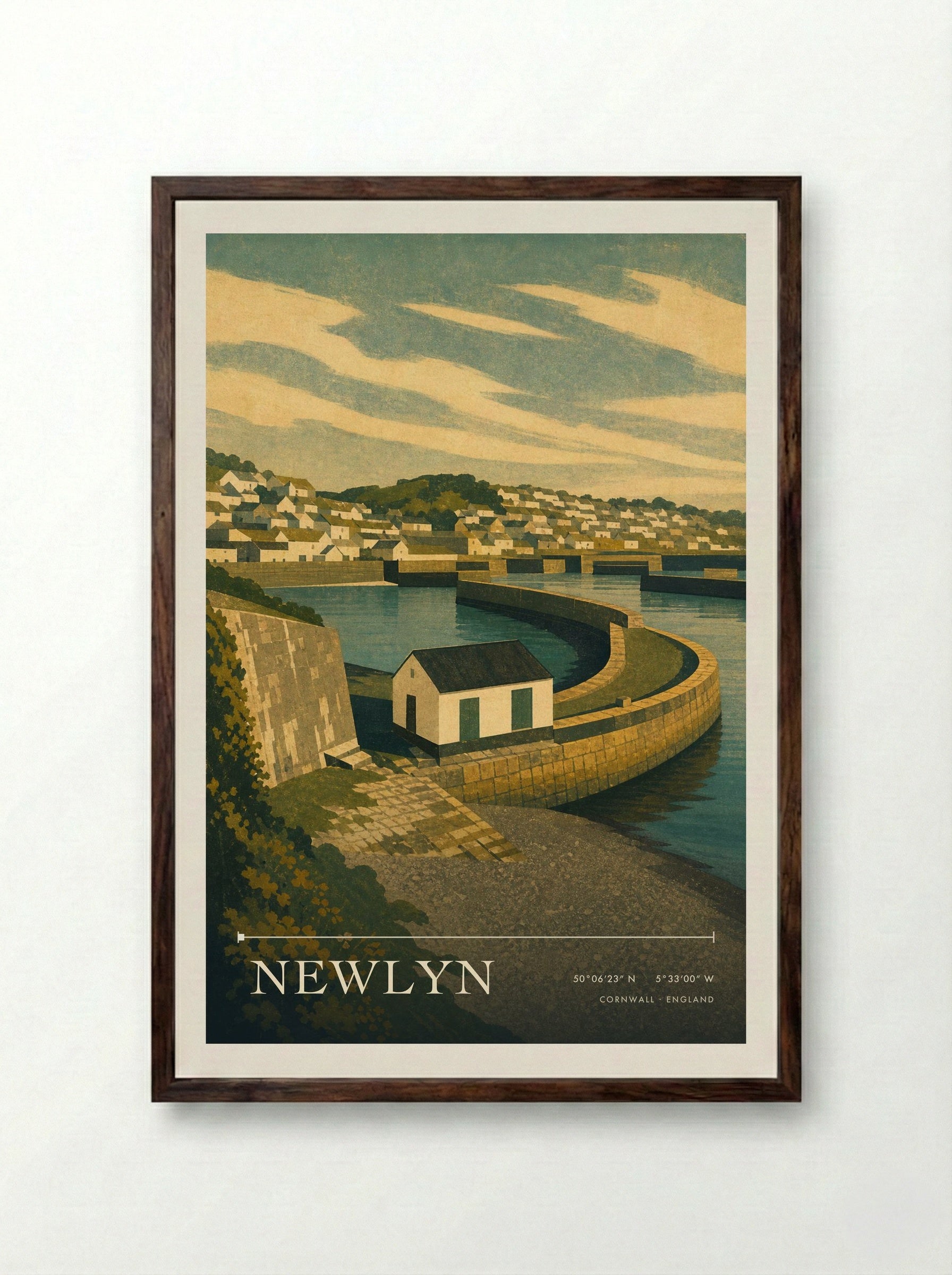 Newlyn Cornwall England Travel Poster - Framed Print Dark Wood