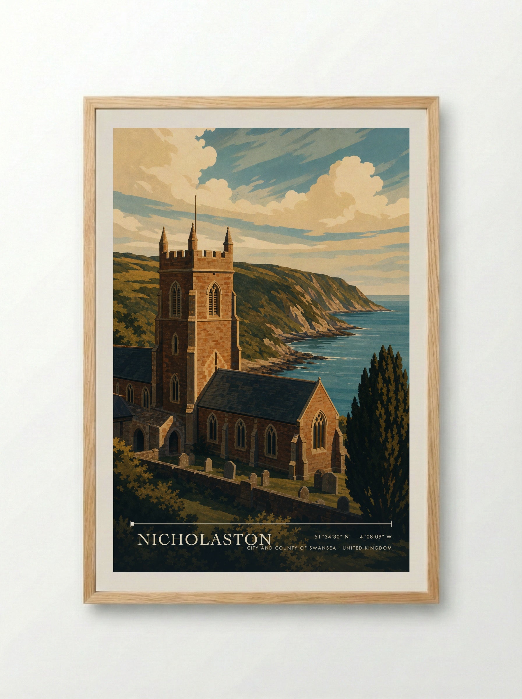 Nicholaston City and County of Swansea United Kingdom Travel Poster - Framed Print Wood