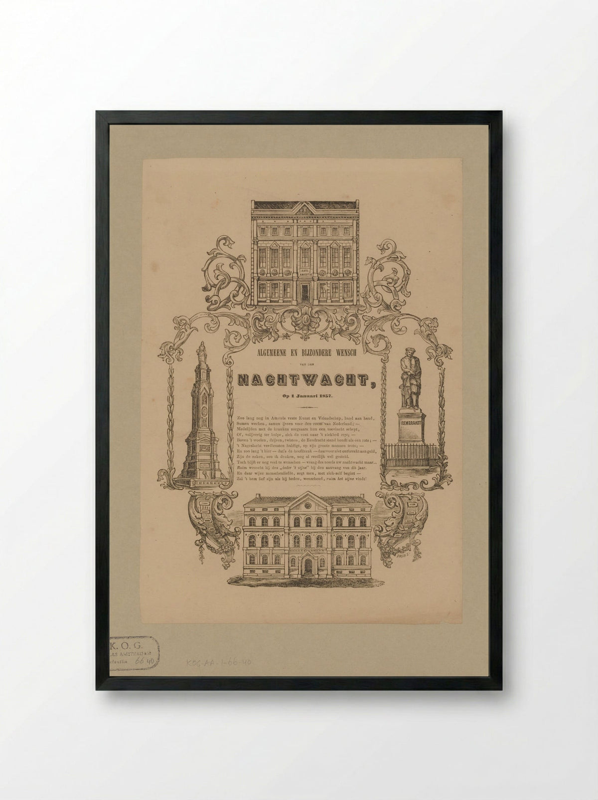 Nieuwjaarswens van de Amsterdamse nachtwacht voor het jaar 1857 - Friedrich Robert Prinz - Framed Print Black
