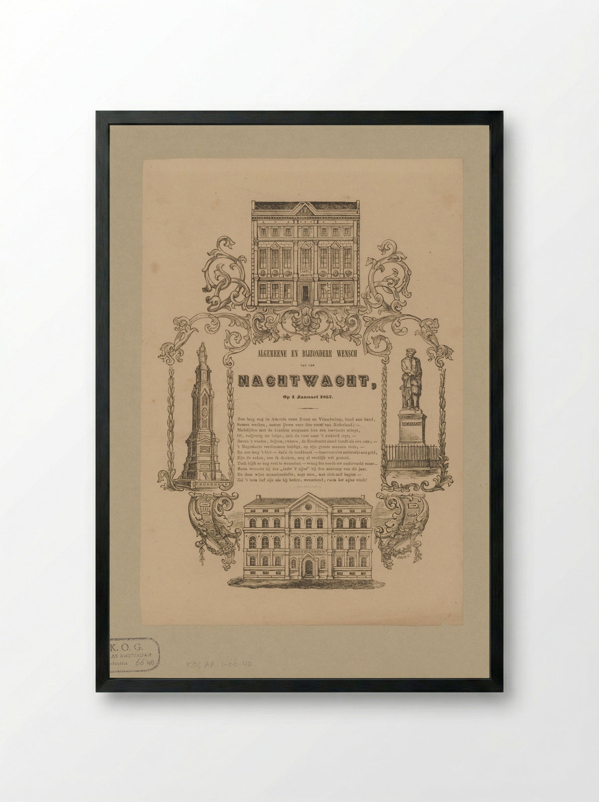 Nieuwjaarswens van de Amsterdamse nachtwacht voor het jaar 1857 - Friedrich Robert Prinz - Framed Print Black