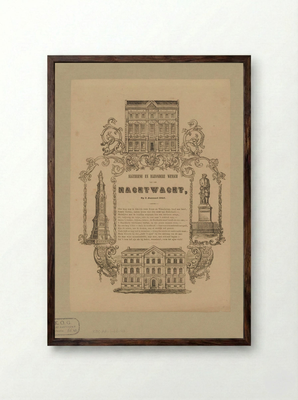 Nieuwjaarswens van de Amsterdamse nachtwacht voor het jaar 1857 - Friedrich Robert Prinz - Framed Print Dark Wood