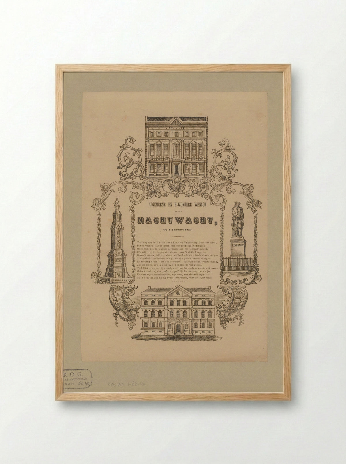 Nieuwjaarswens van de Amsterdamse nachtwacht voor het jaar 1857 - Friedrich Robert Prinz - Framed Print Wood