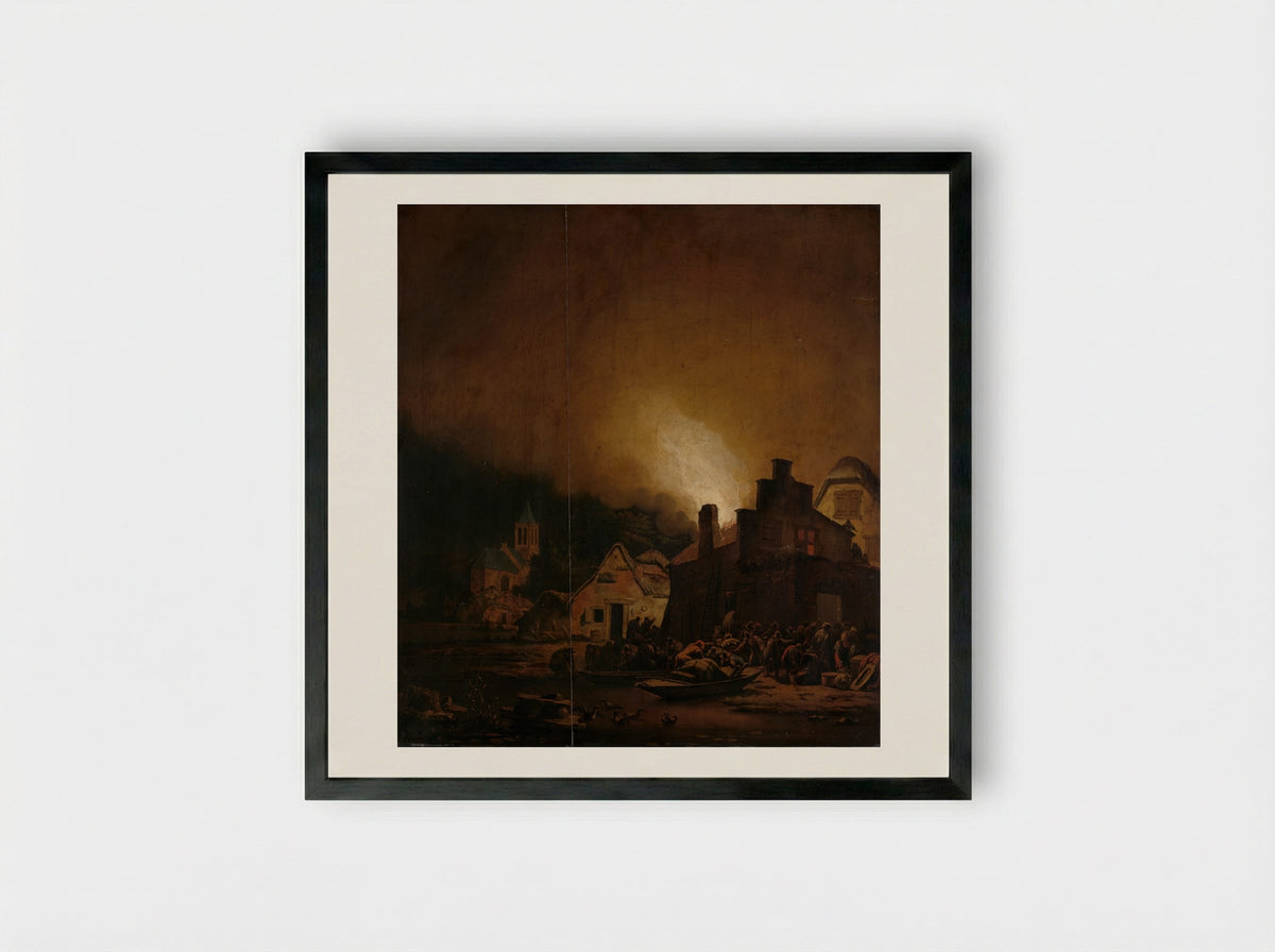 Night Fire in a Village - Adam Colonia - Framed Print Black