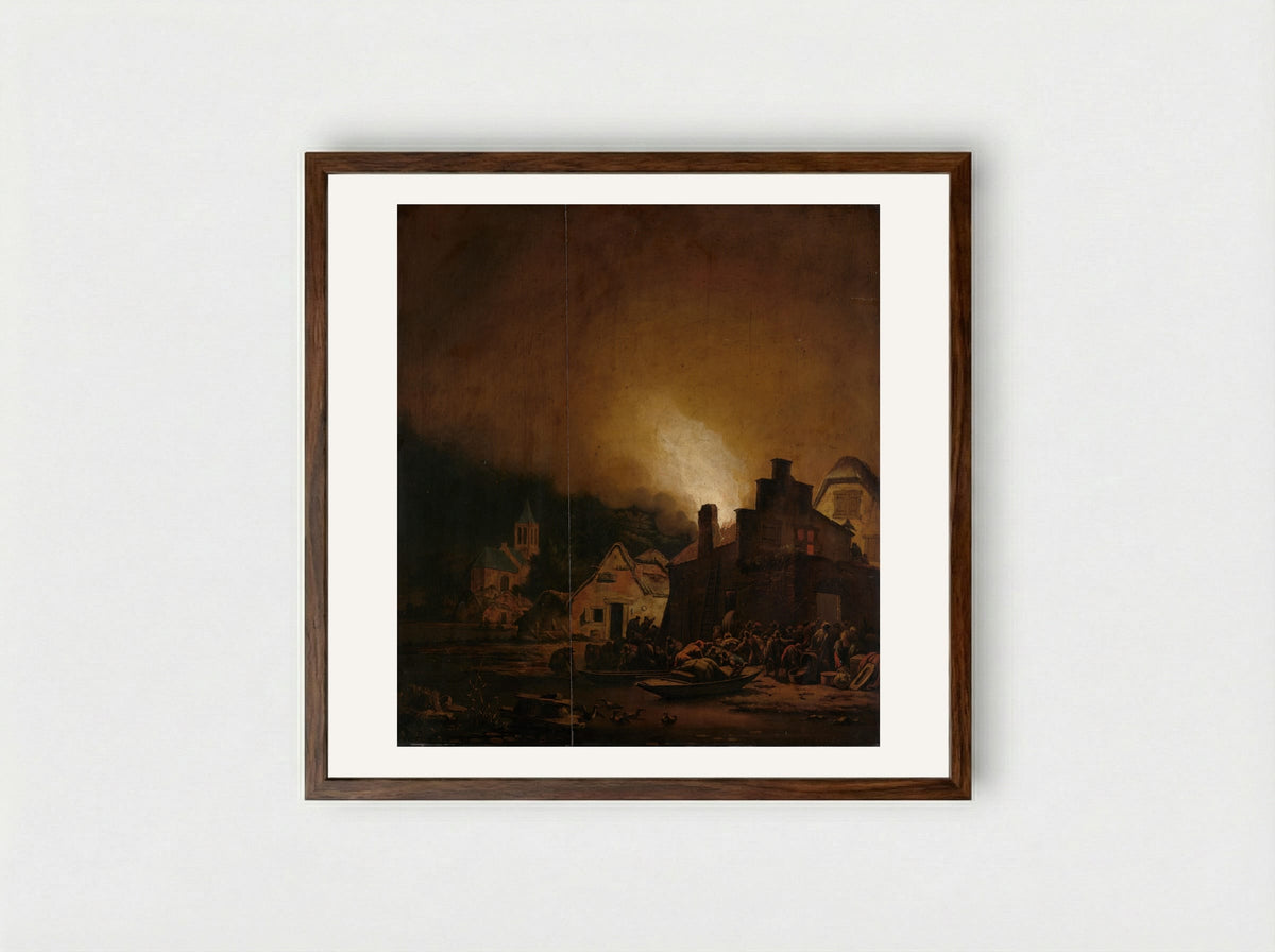 Night Fire in a Village - Adam Colonia - Framed Print Dark Wood