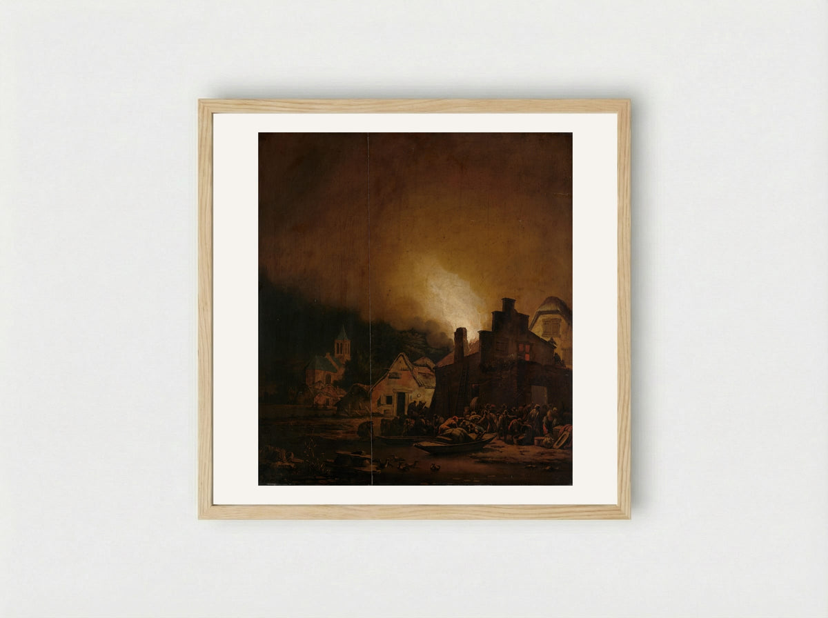 Night Fire in a Village - Adam Colonia - Framed Print Wood
