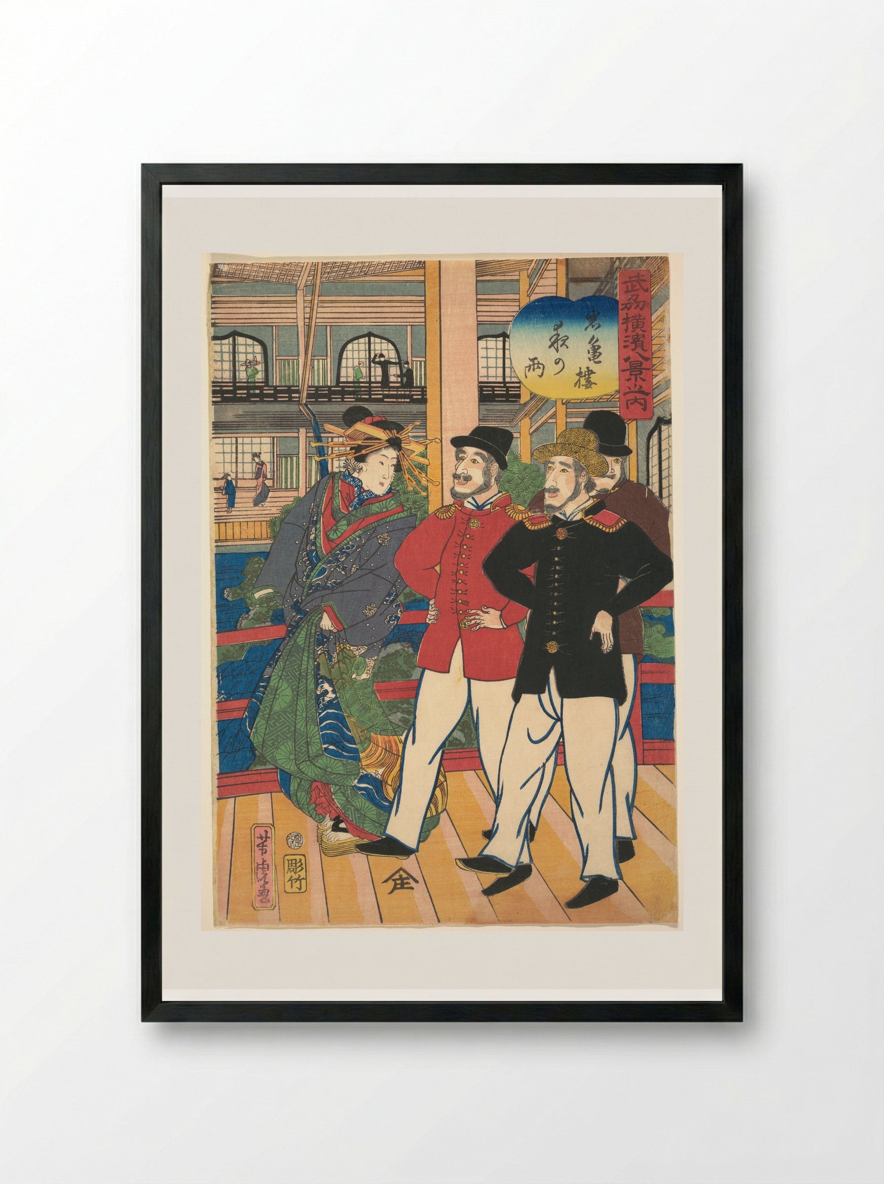 Night Rain at Gankirō - Utagawa Yoshitora - Framed Print Black