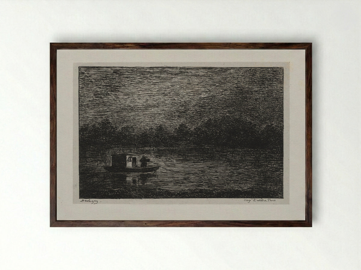Night Voyage, or Fishing with a Line - Charles-François Daubigny - Framed Print Dark Wood
