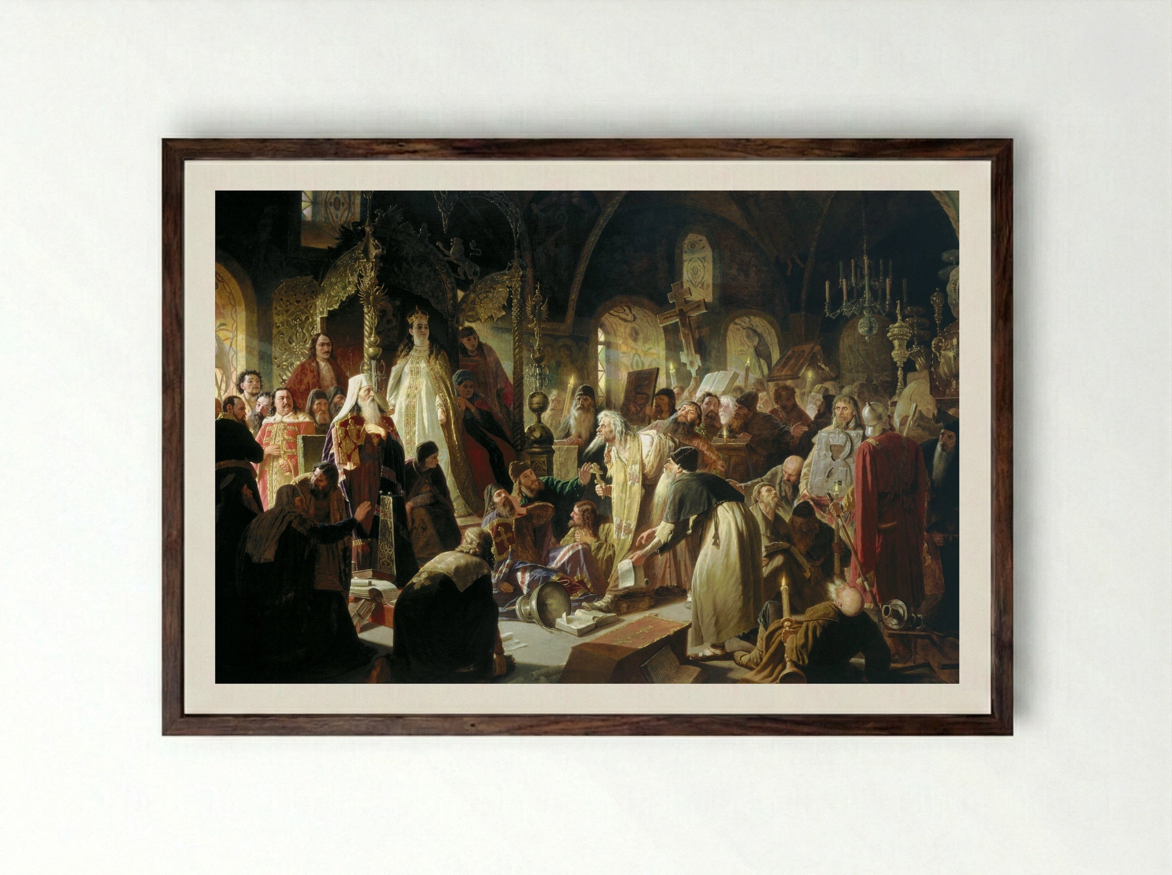 Nikita Pustosviat. Dispute on the Confession of Faith - Vasily Perov - Framed Print Dark Wood