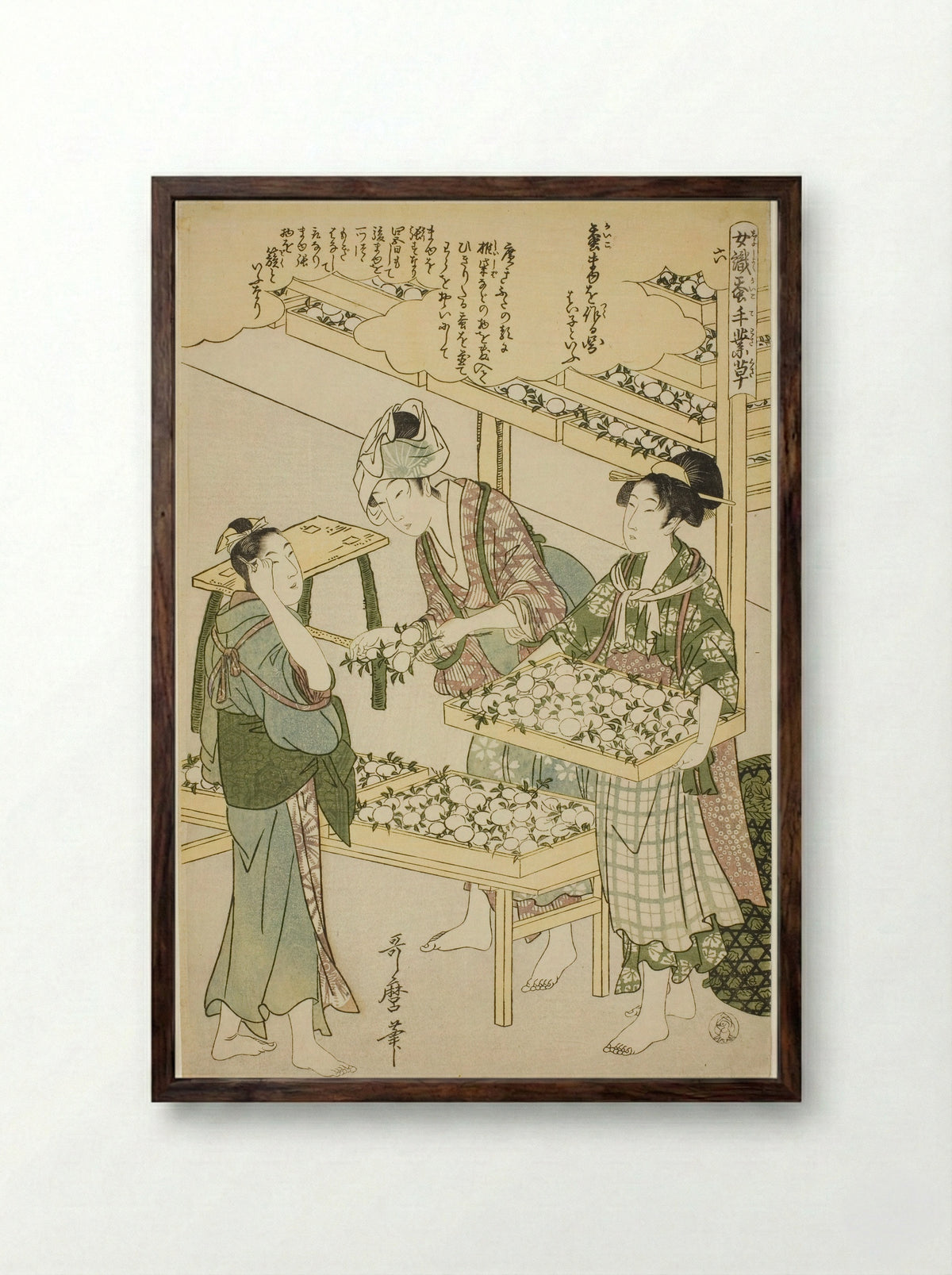 No. 6, Women Engaged in the Sericulture Industry - Kitagawa Utamaro - Framed Print Dark Wood