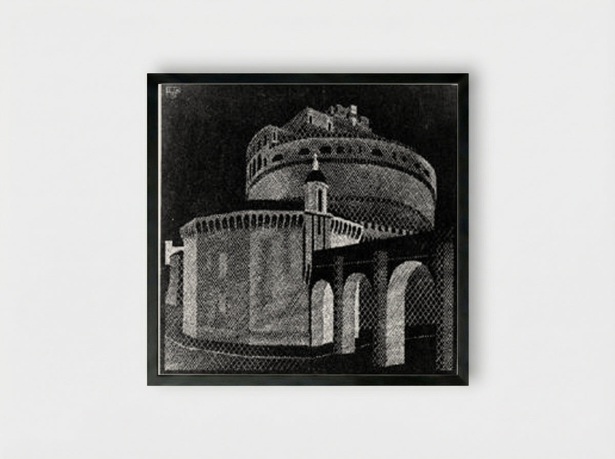 Nocturnal Rome, Castel Sant' Angelo - M.C. Escher - Framed Print Black