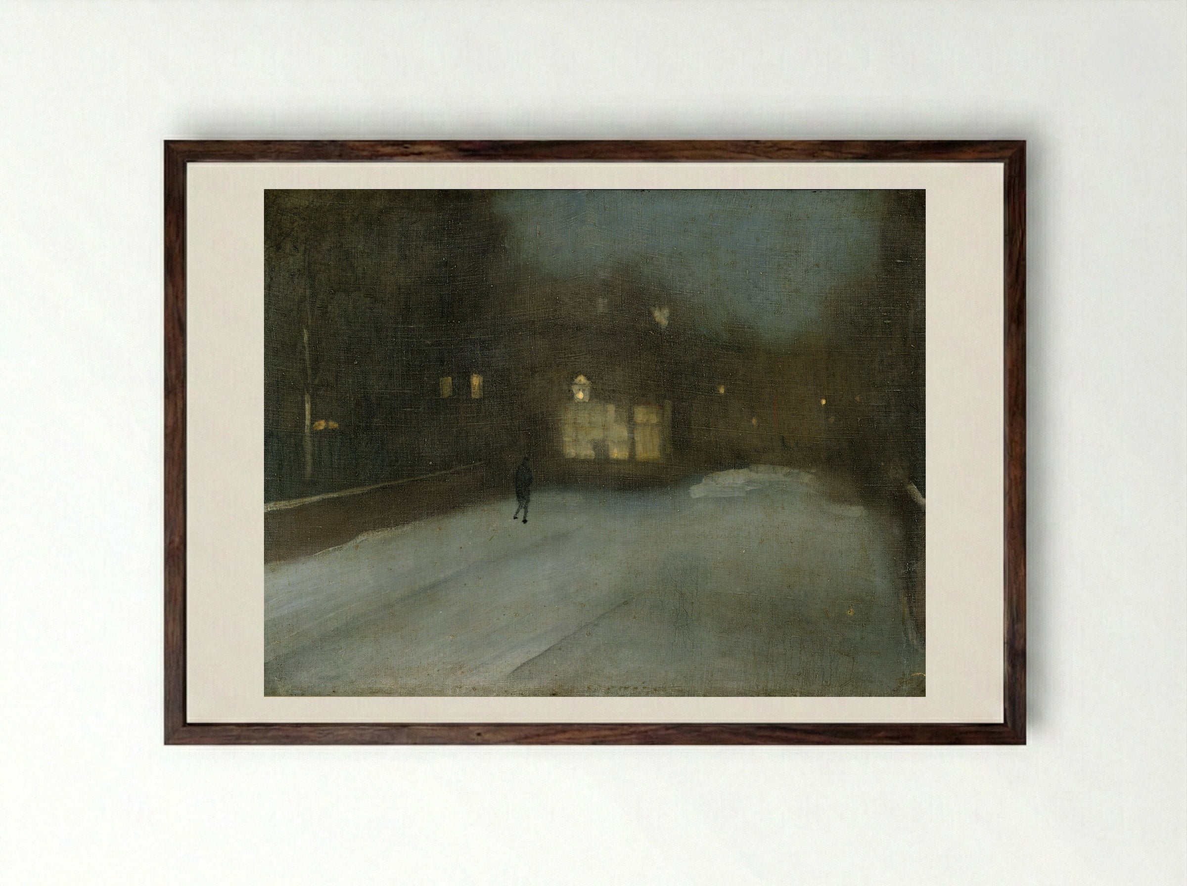 Nocturne in Grey and Gold: Chelsea Snow - James Abbott McNeill Whistler - Framed Print Dark Wood