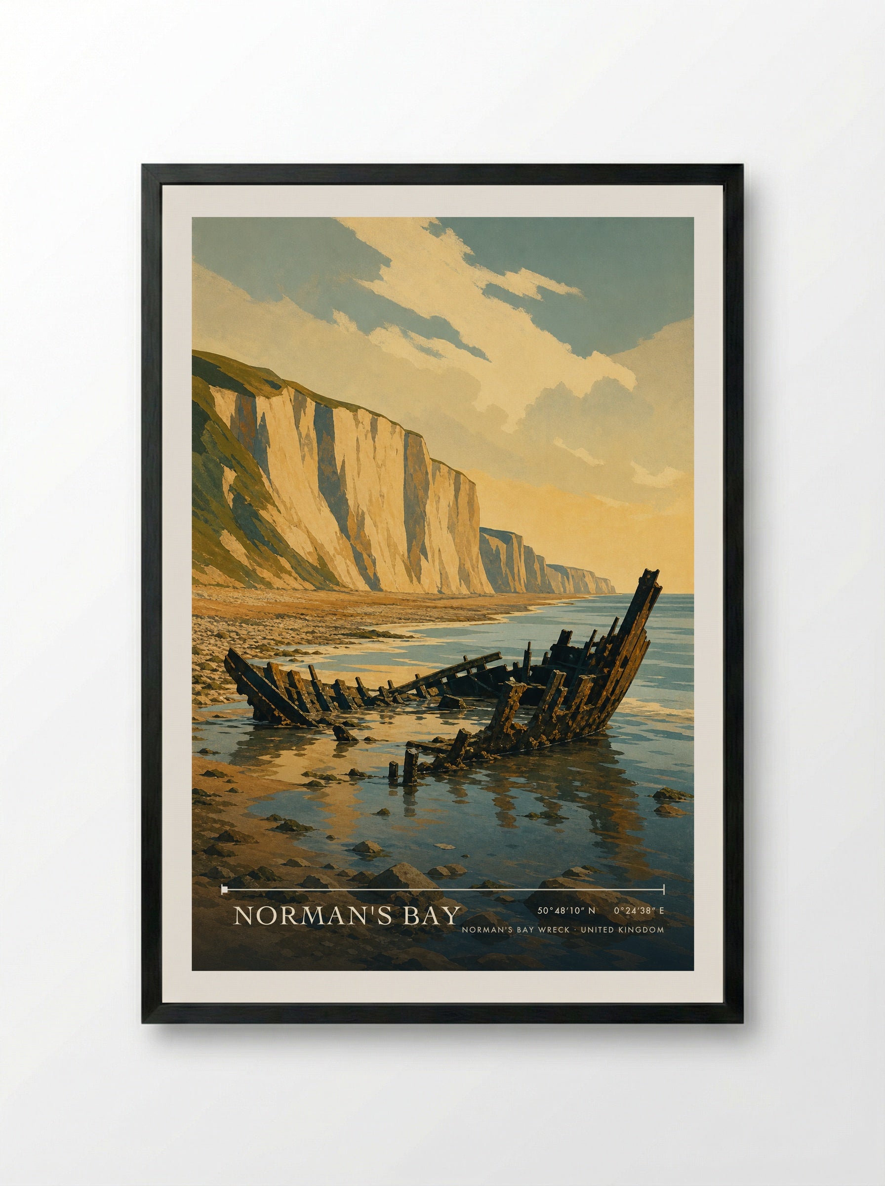 Norman's Bay Norman's Bay Wreck United Kingdom Travel Poster - Framed Print Black