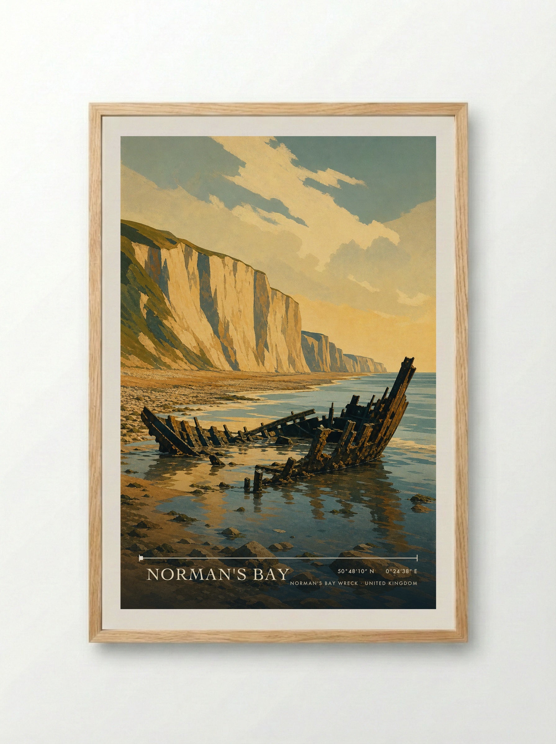 Norman's Bay Norman's Bay Wreck United Kingdom Travel Poster - Framed Print Wood
