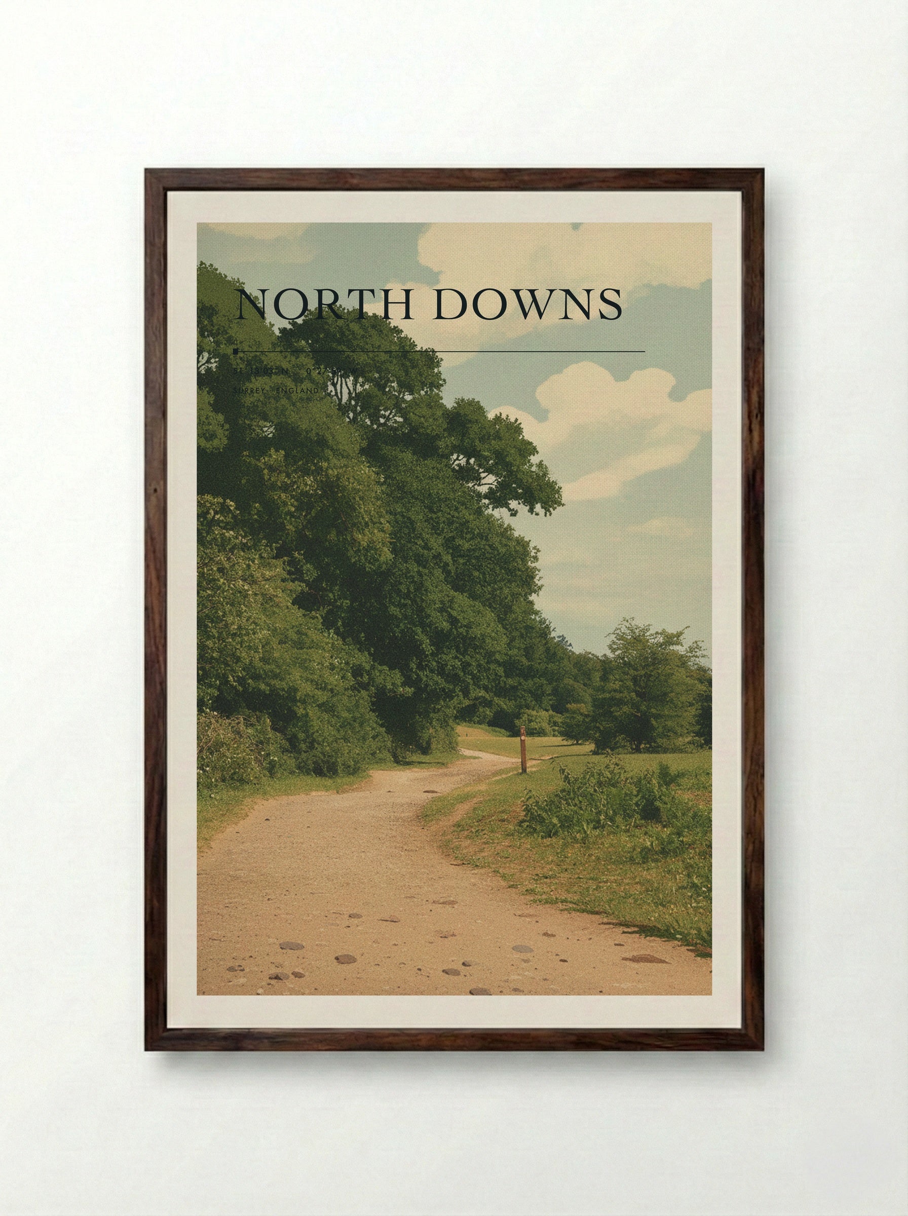 North Downs Surrey England Travel Poster - Framed Print Dark Wood