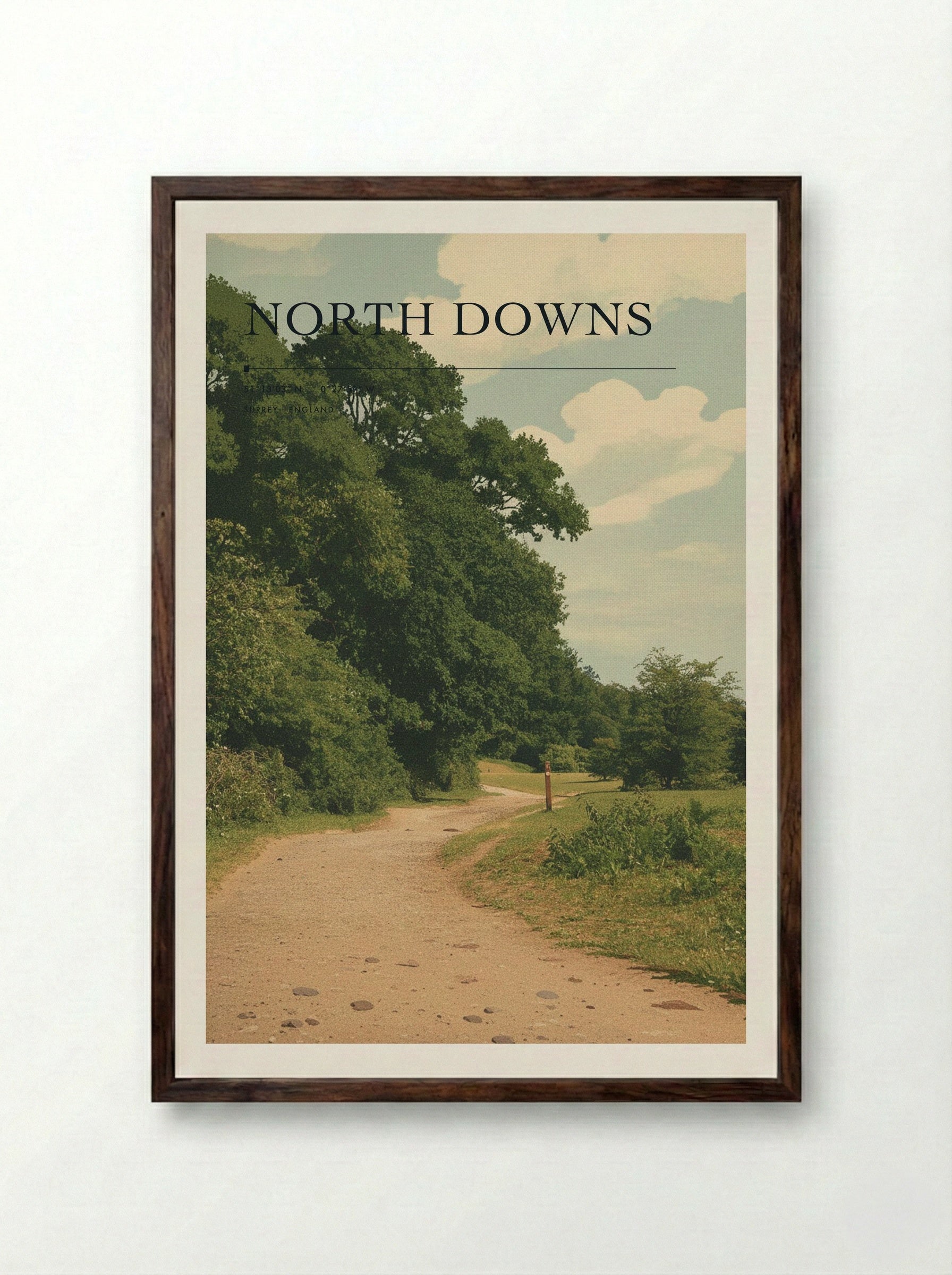 North Downs Surrey England Travel Poster - Framed Print Dark Wood