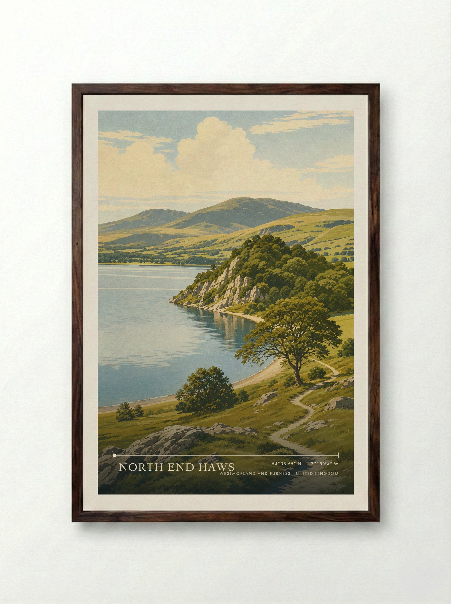 North End Haws Westmorland and Furness United Kingdom Travel Poster - Framed Print Dark Wood