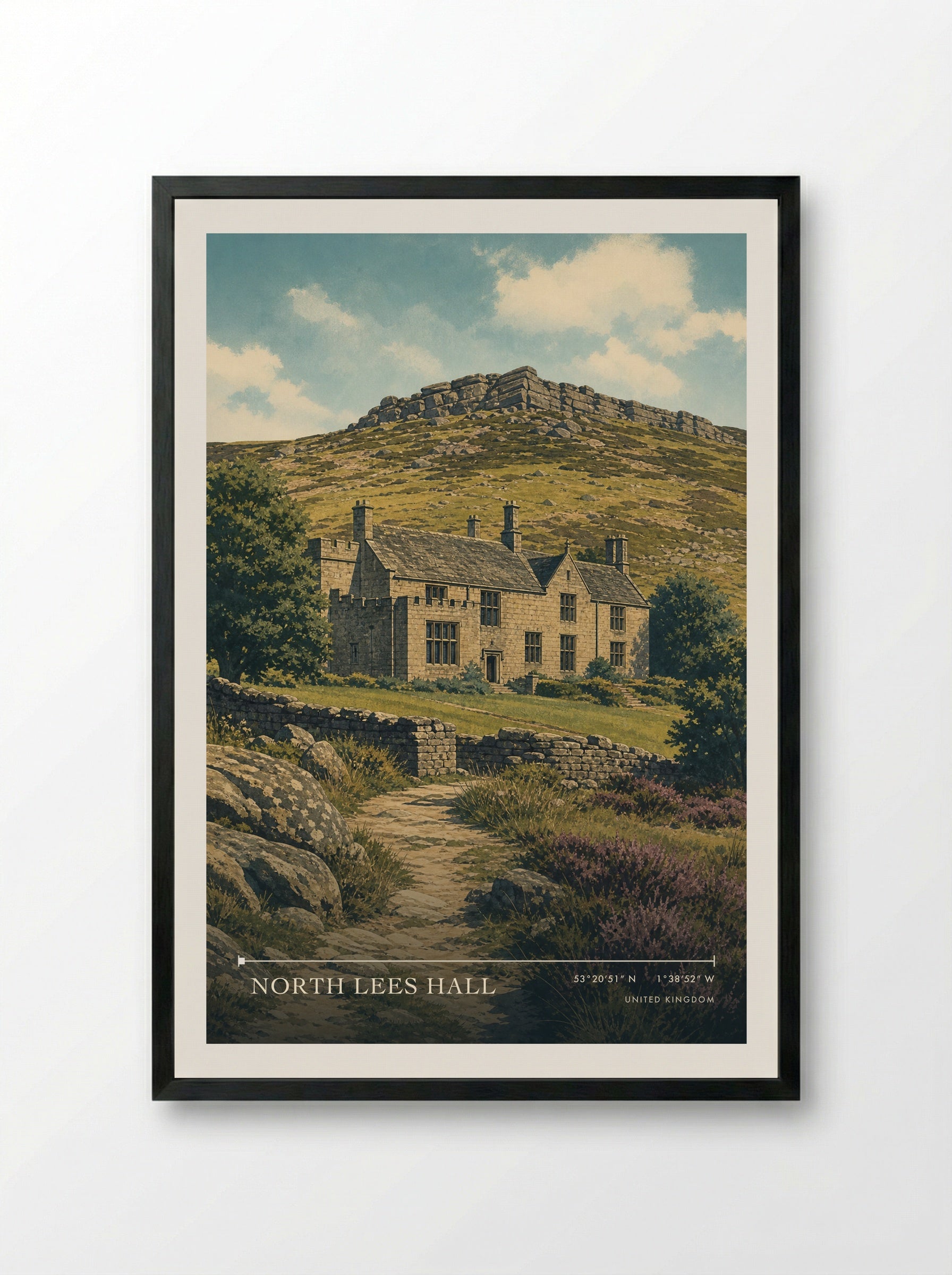 North Lees Hall United Kingdom Travel Poster - Framed Print Black