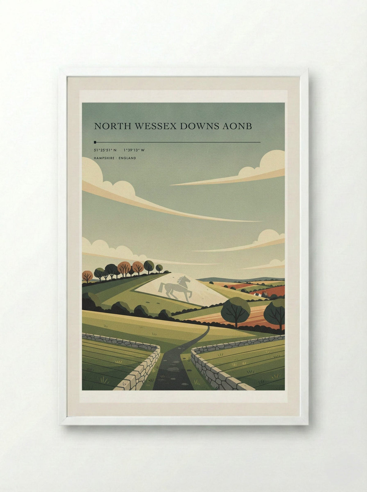 North Wessex Downs AONB Hampshire England Travel Poster - Framed Print White