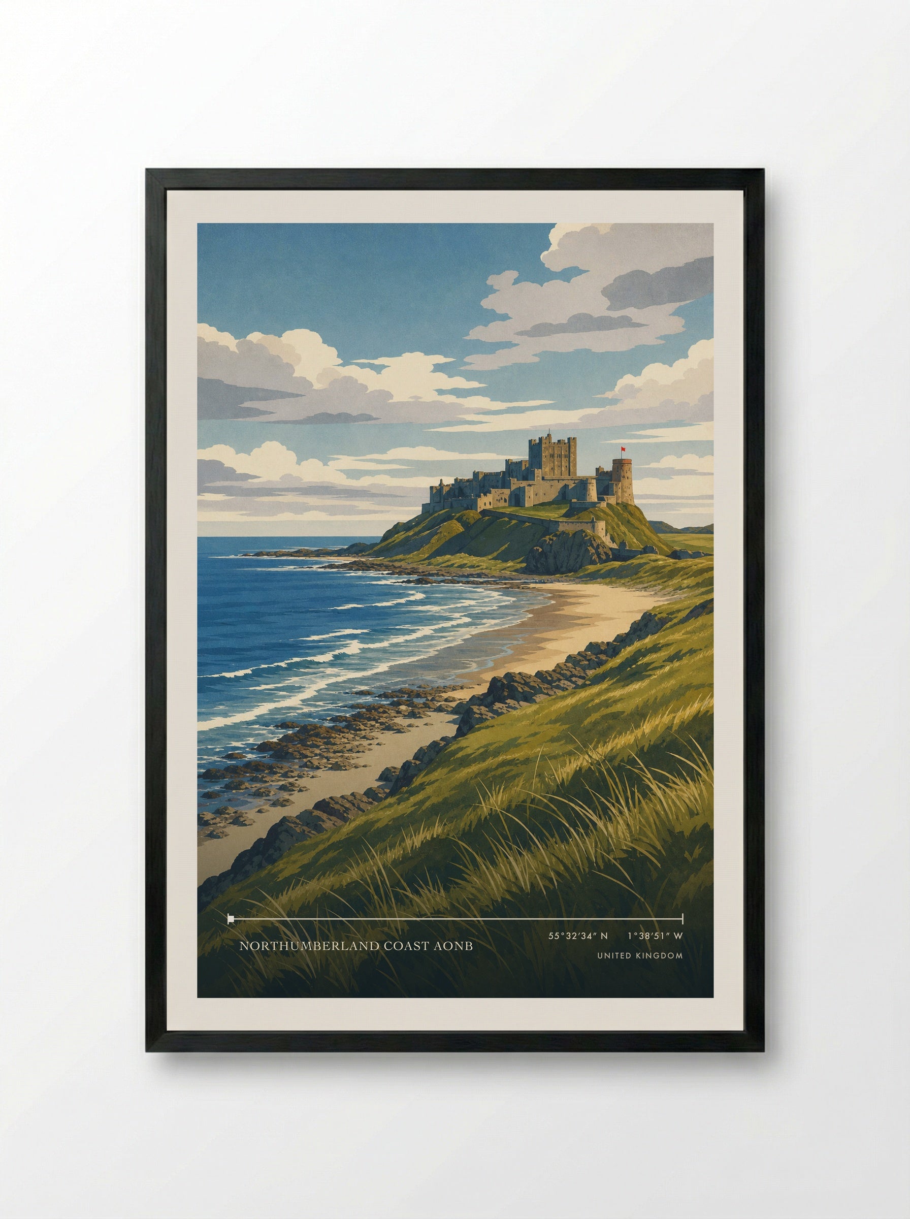 Northumberland Coast AONB United Kingdom Travel Poster - Framed Print Black