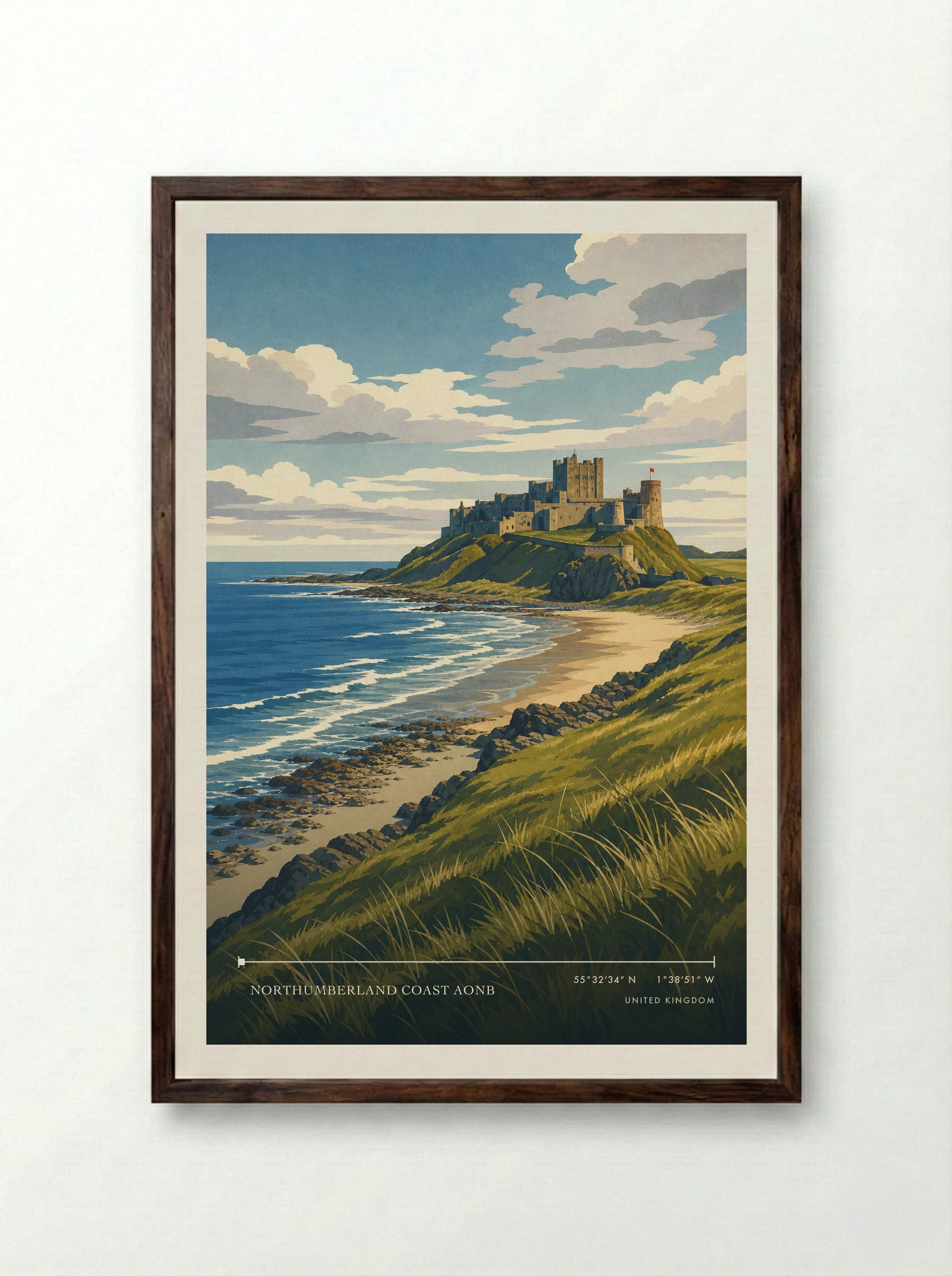 Northumberland Coast AONB United Kingdom Travel Poster - Framed Print Dark Wood