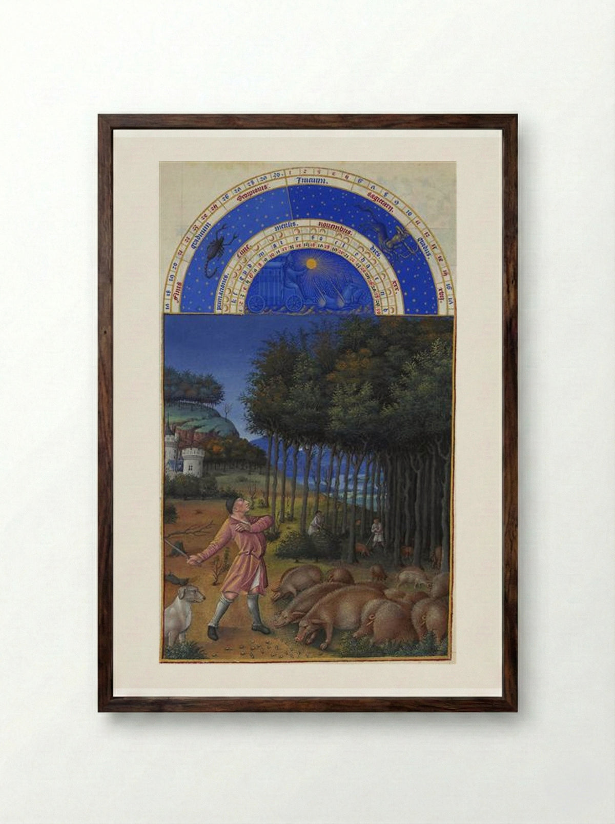 November: Feeding Acorns to the Pigs - Limbourg brothers - Framed Print Dark Wood