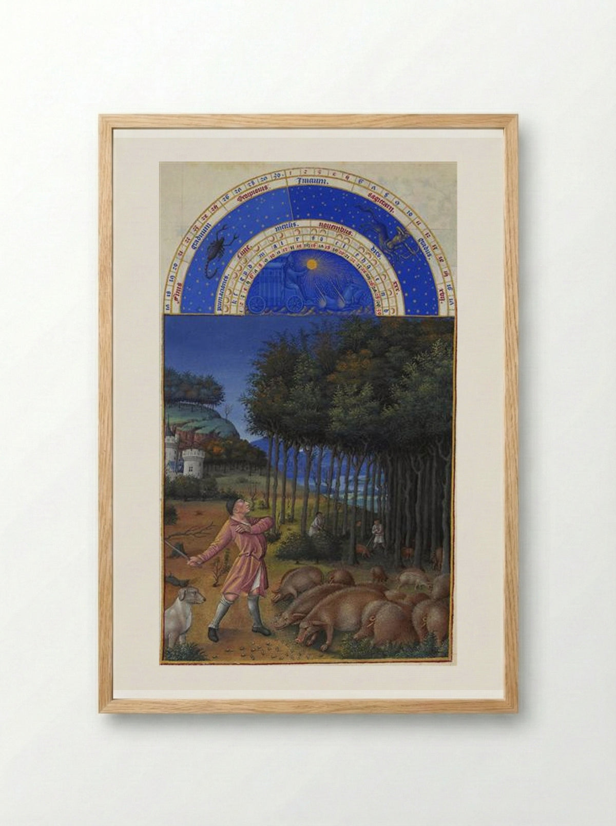 November: Feeding Acorns to the Pigs - Limbourg brothers - Framed Print Wood