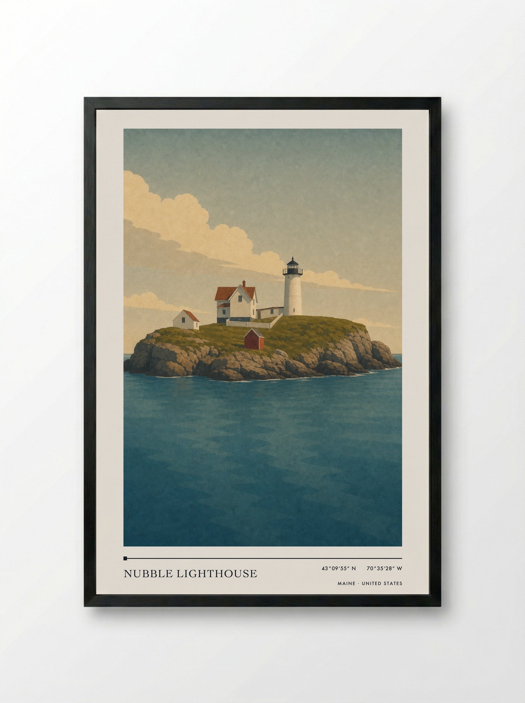 Nubble Lighthouse Travel Poster Artwork - Framed Print Black