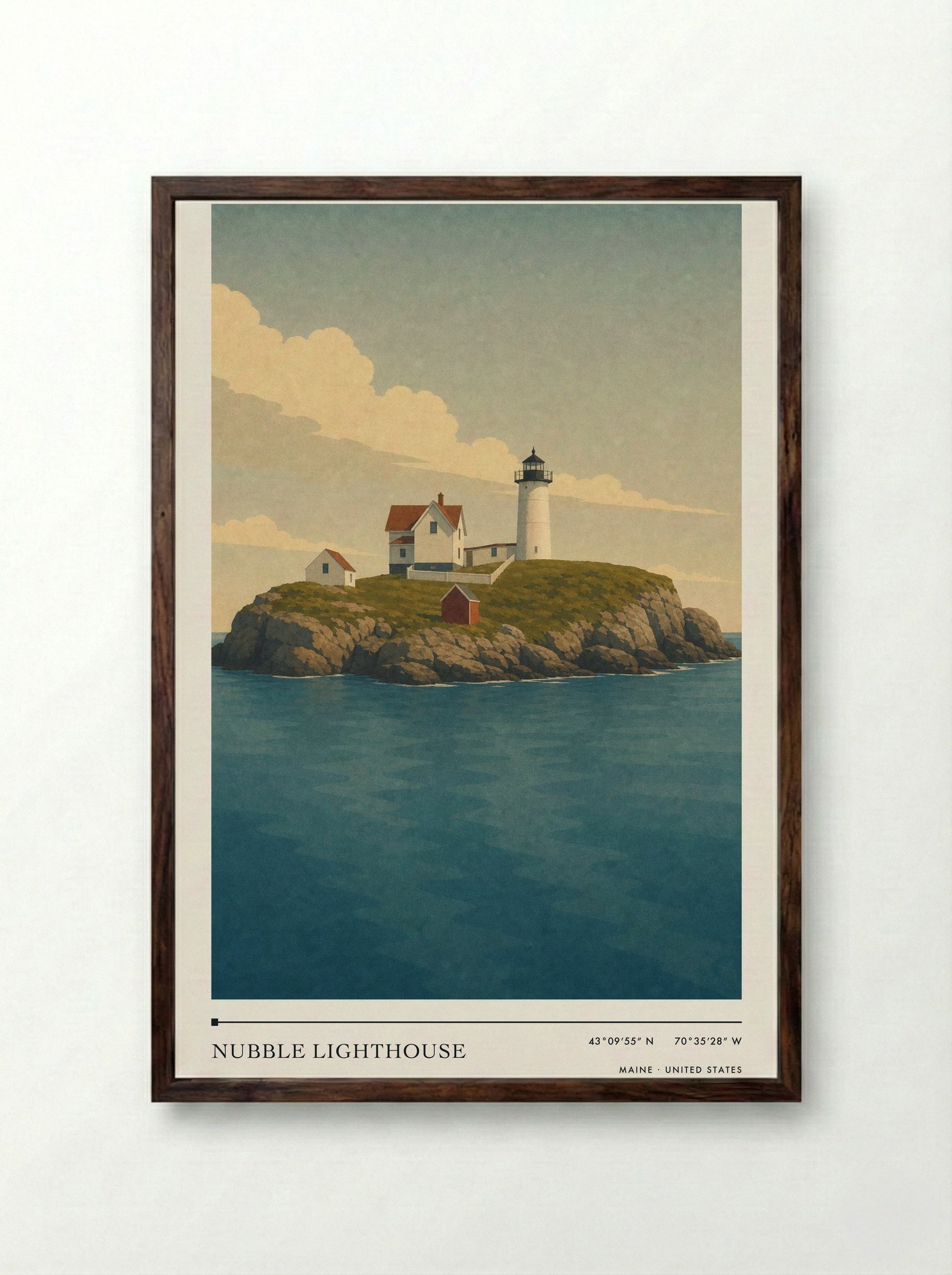 Nubble Lighthouse Travel Poster Artwork - Framed Print Dark Wood