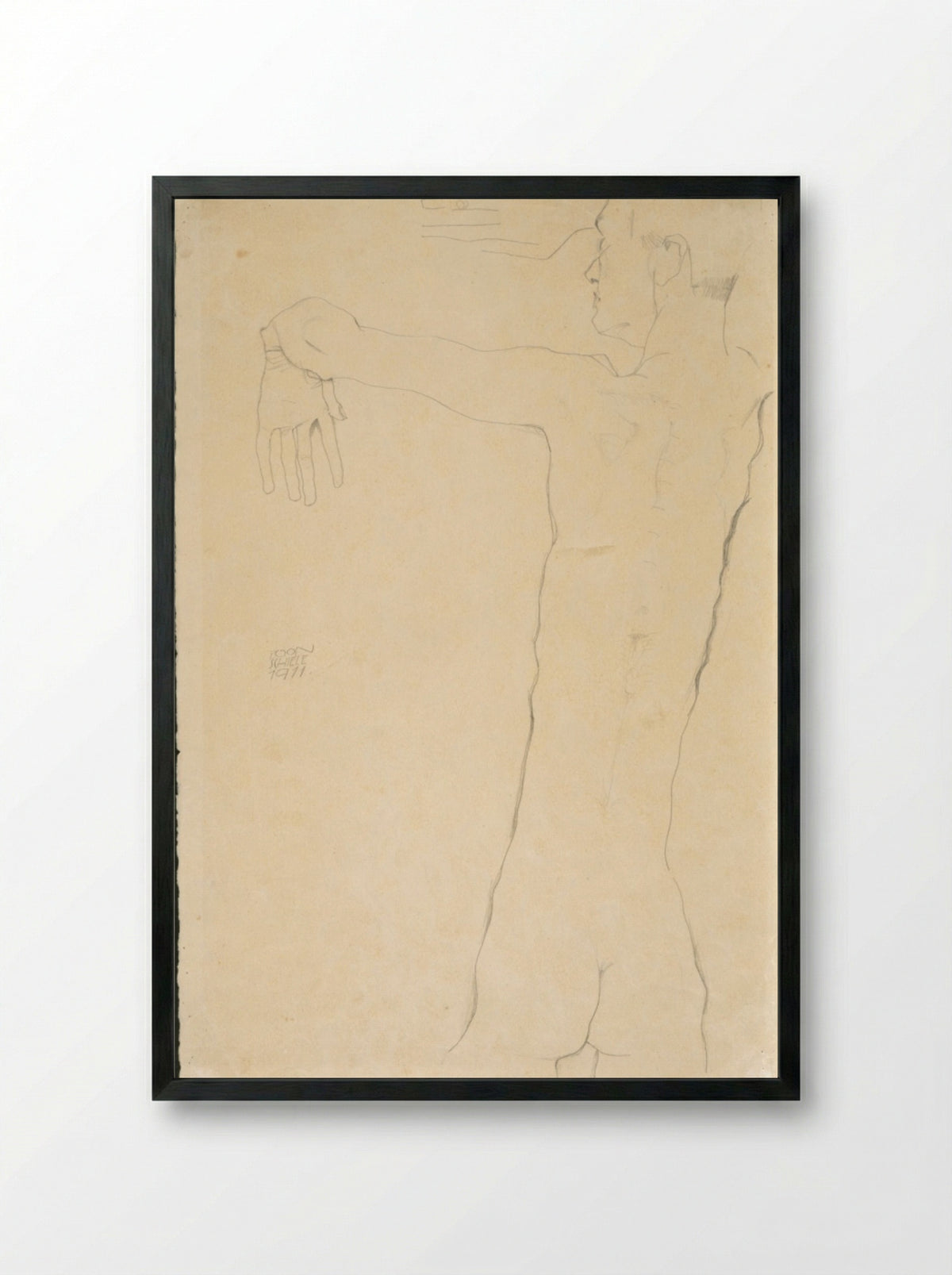 Nude Man with Raised Arms (recto) - Egon Schiele - Framed Print Black