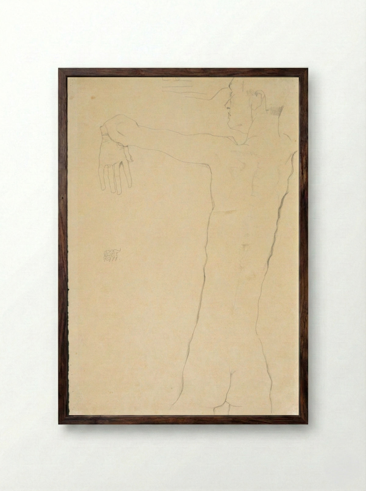 Nude Man with Raised Arms (recto) - Egon Schiele - Framed Print Dark Wood