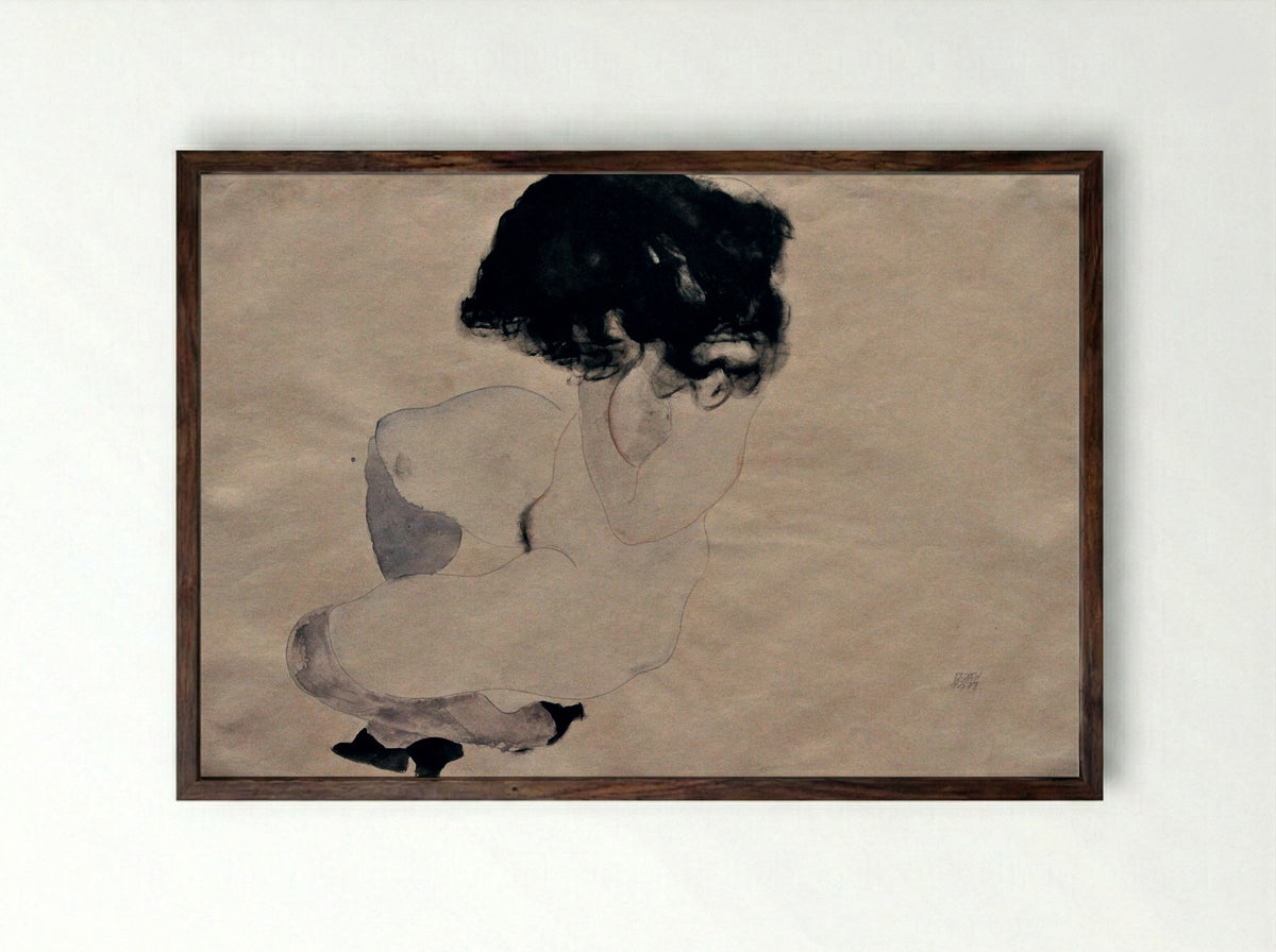Nude in Black Stockings - Egon Schiele - Framed Print Dark Wood