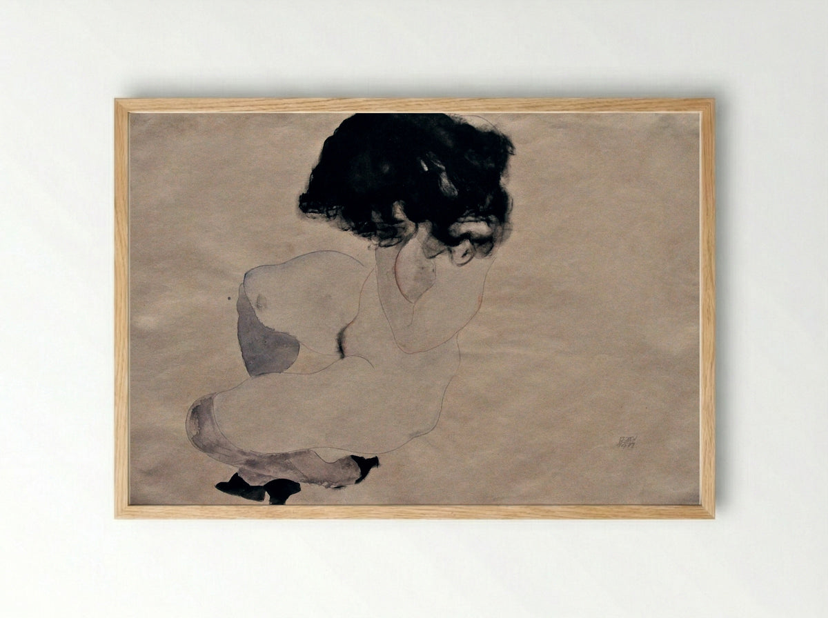 Nude in Black Stockings - Egon Schiele - Framed Print Wood