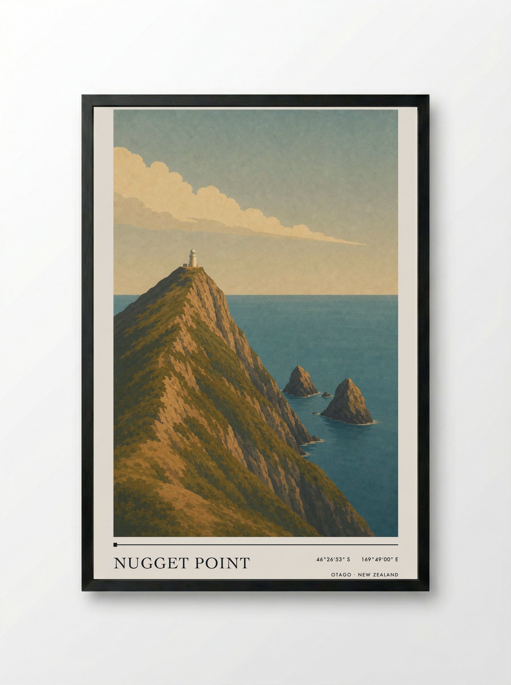 Nugget Point Travel Poster Artwork - Framed Print Black
