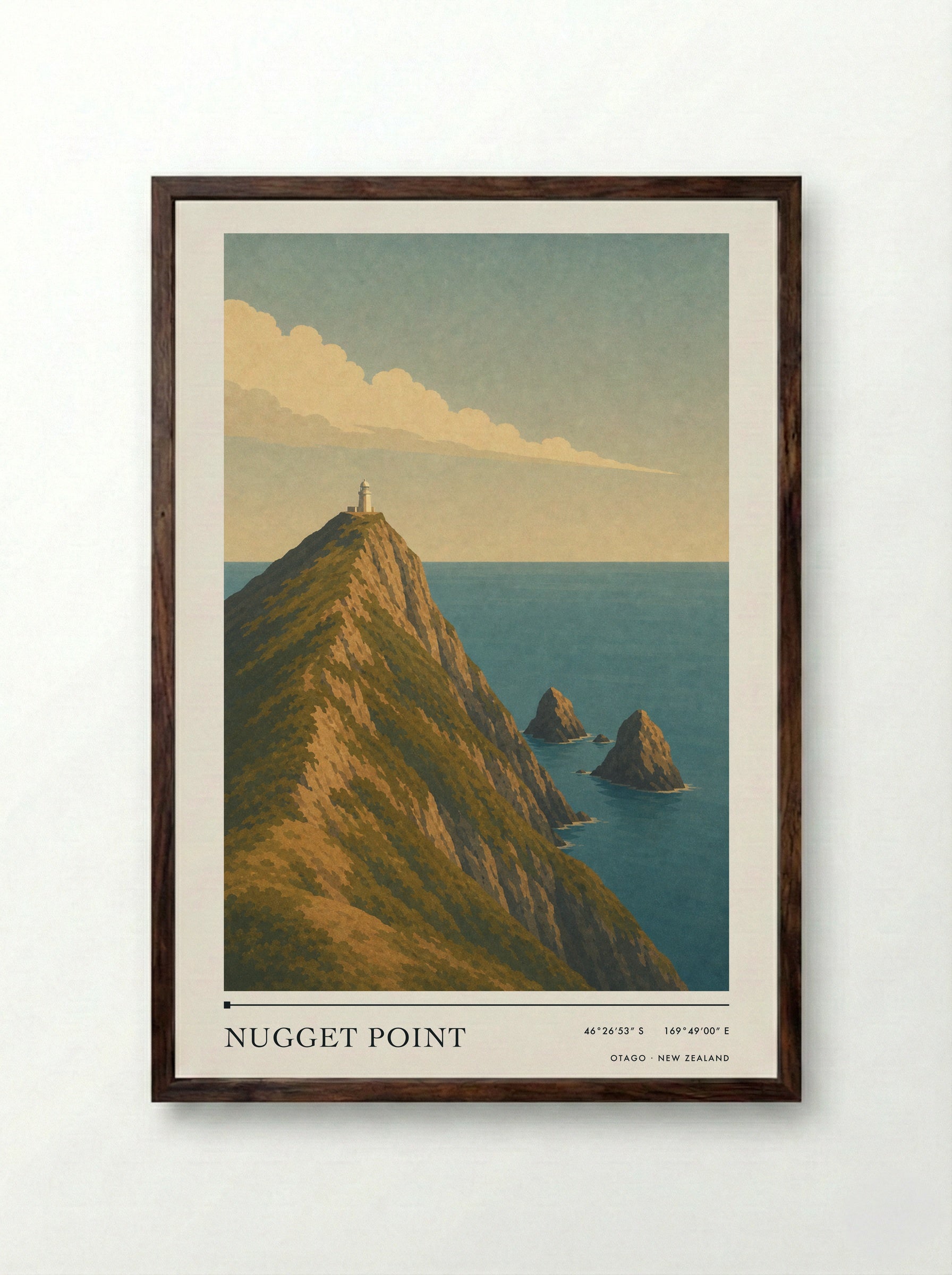 Nugget Point Travel Poster Artwork - Framed Print Dark Wood