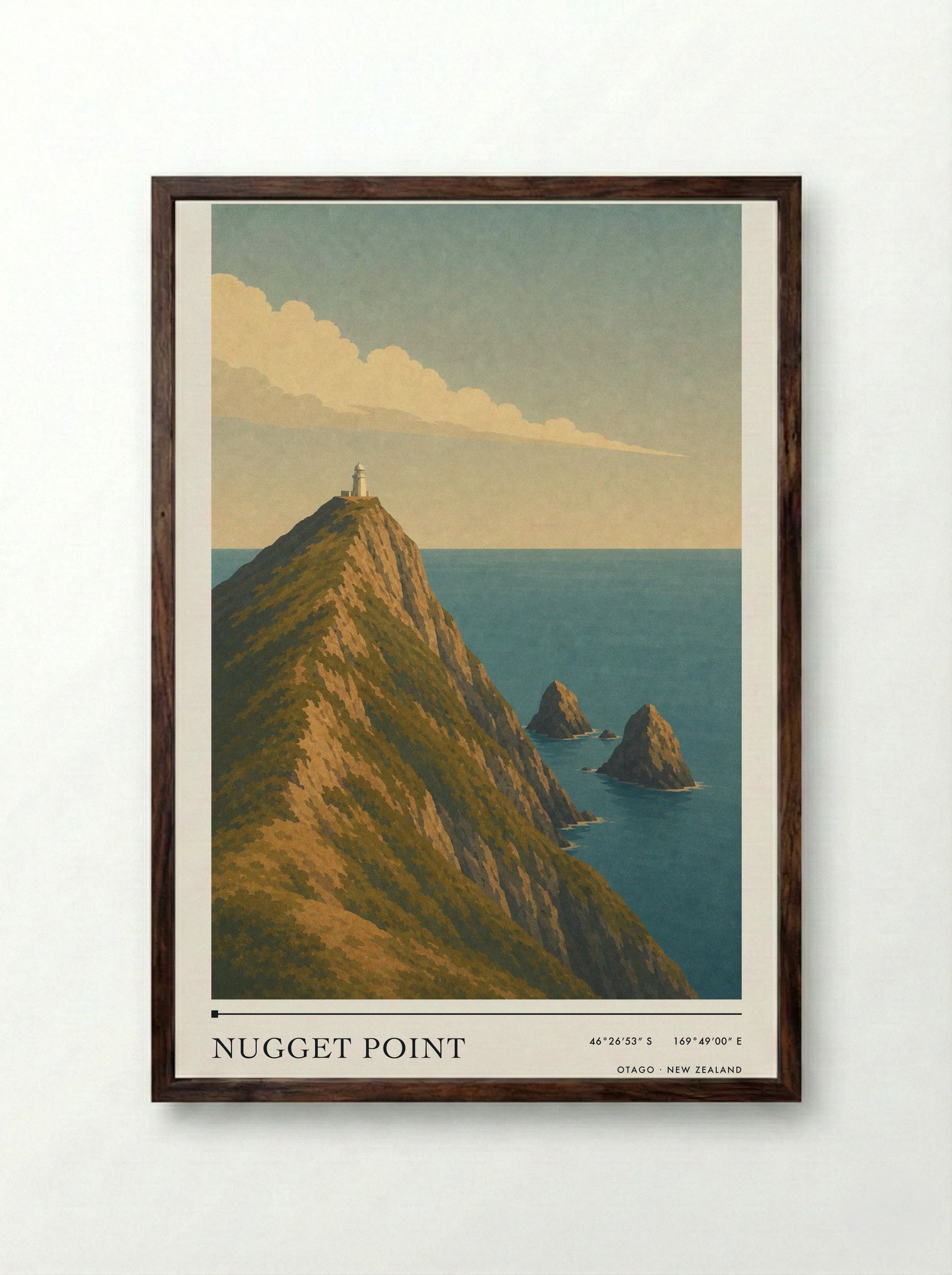 Nugget Point Travel Poster Artwork - Framed Print Dark Wood