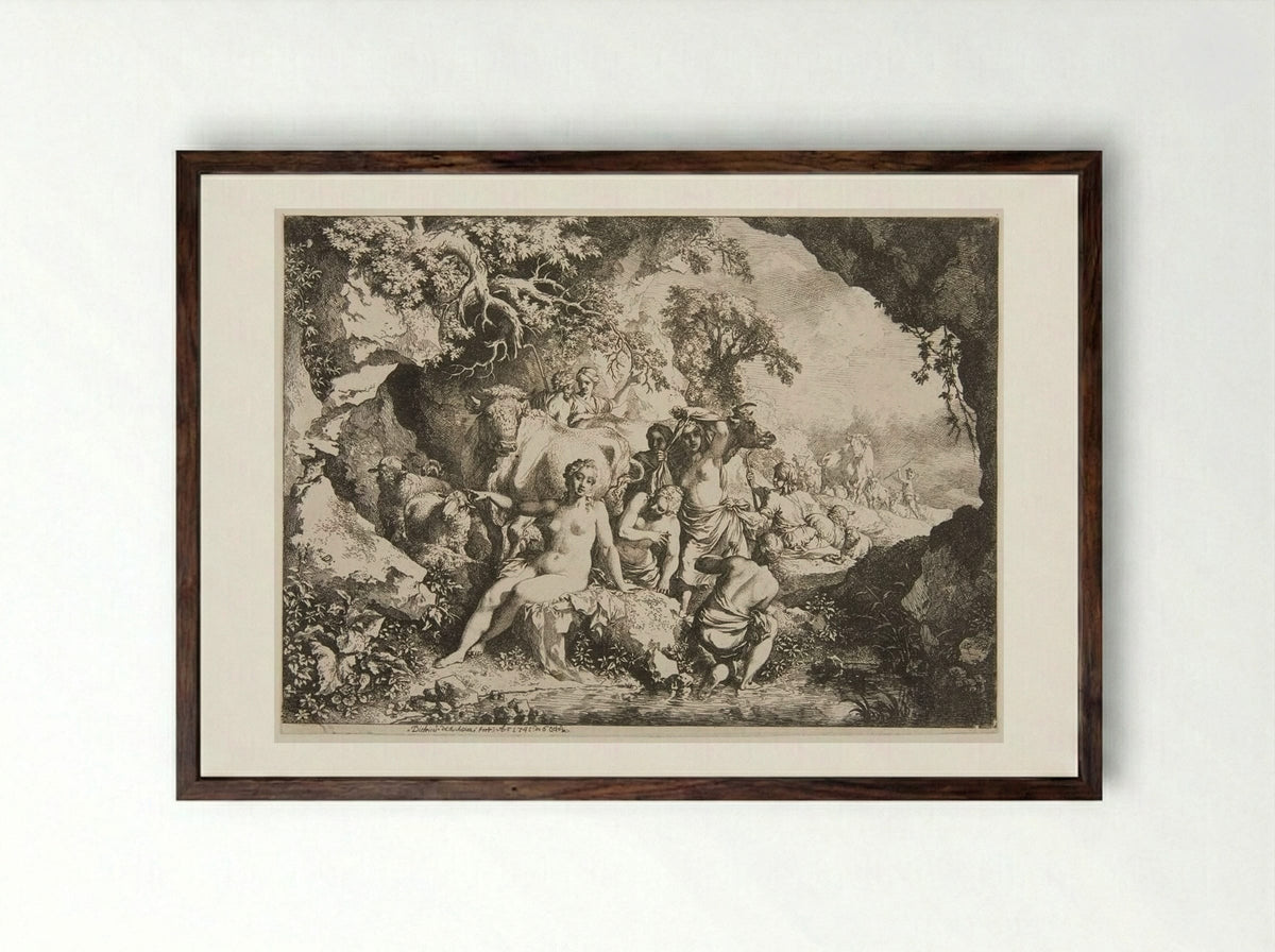 Nymphs Bathing Near a Cave - Christian Wilhelm Ernst Dietrich - Framed Print Dark Wood