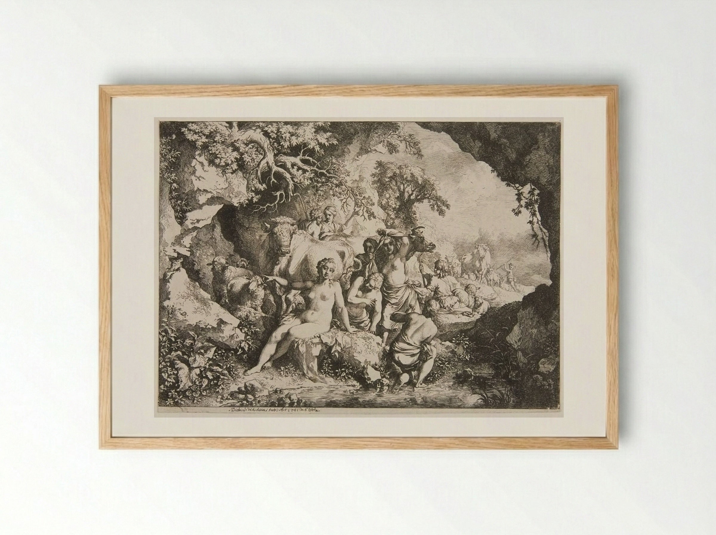 Nymphs Bathing Near a Cave - Christian Wilhelm Ernst Dietrich - Framed Print Wood