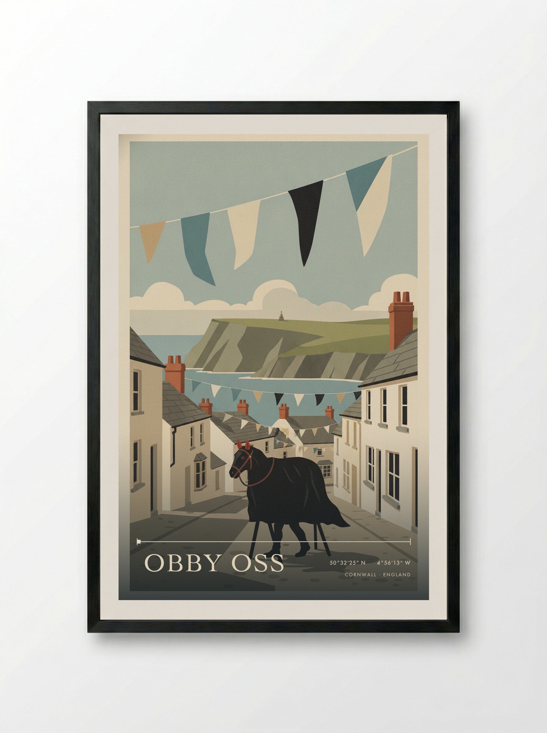 Obby Oss Cornwall England Travel Poster - Framed Print Black
