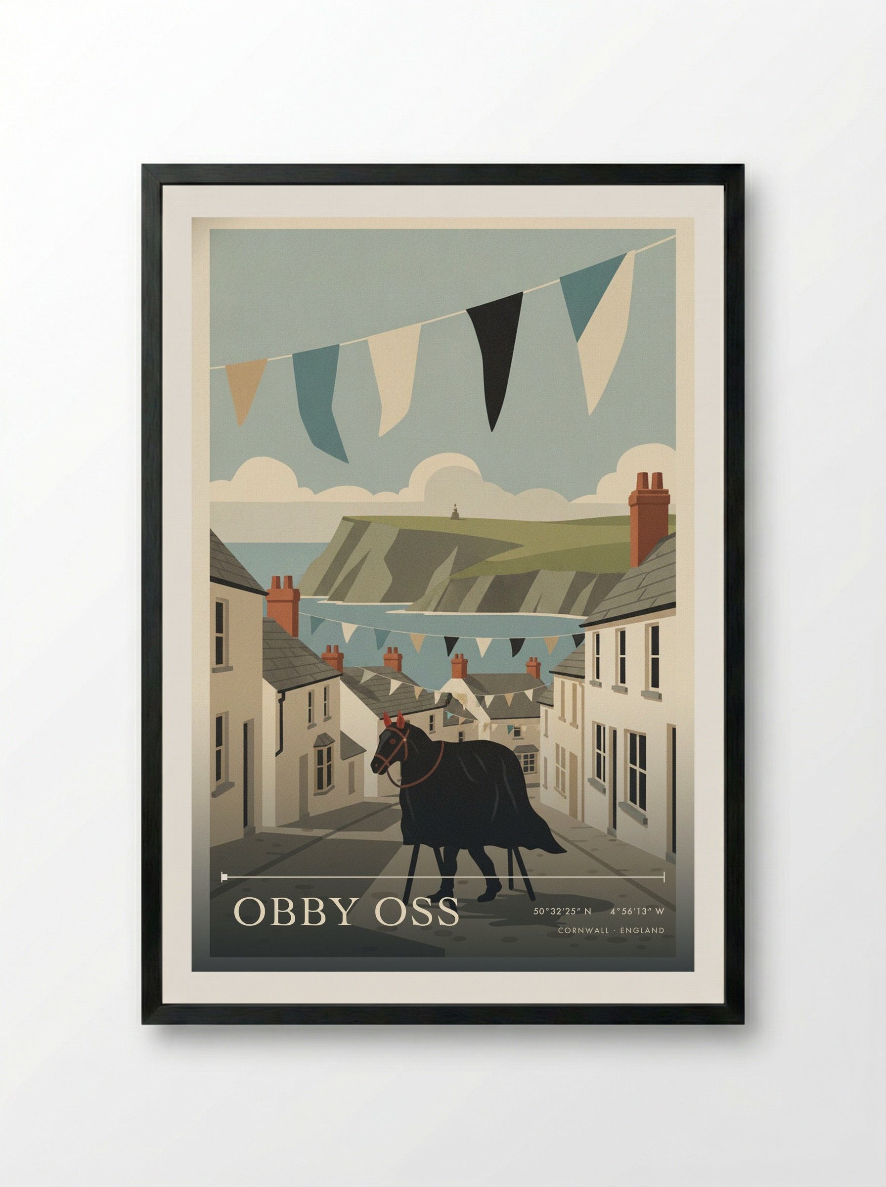 Obby Oss Cornwall England Travel Poster - Framed Print Black
