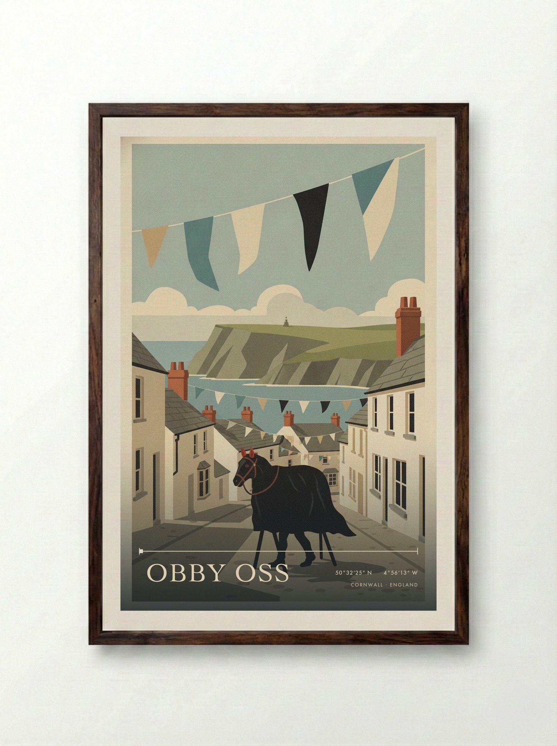 Obby Oss Cornwall England Travel Poster - Framed Print Dark Wood