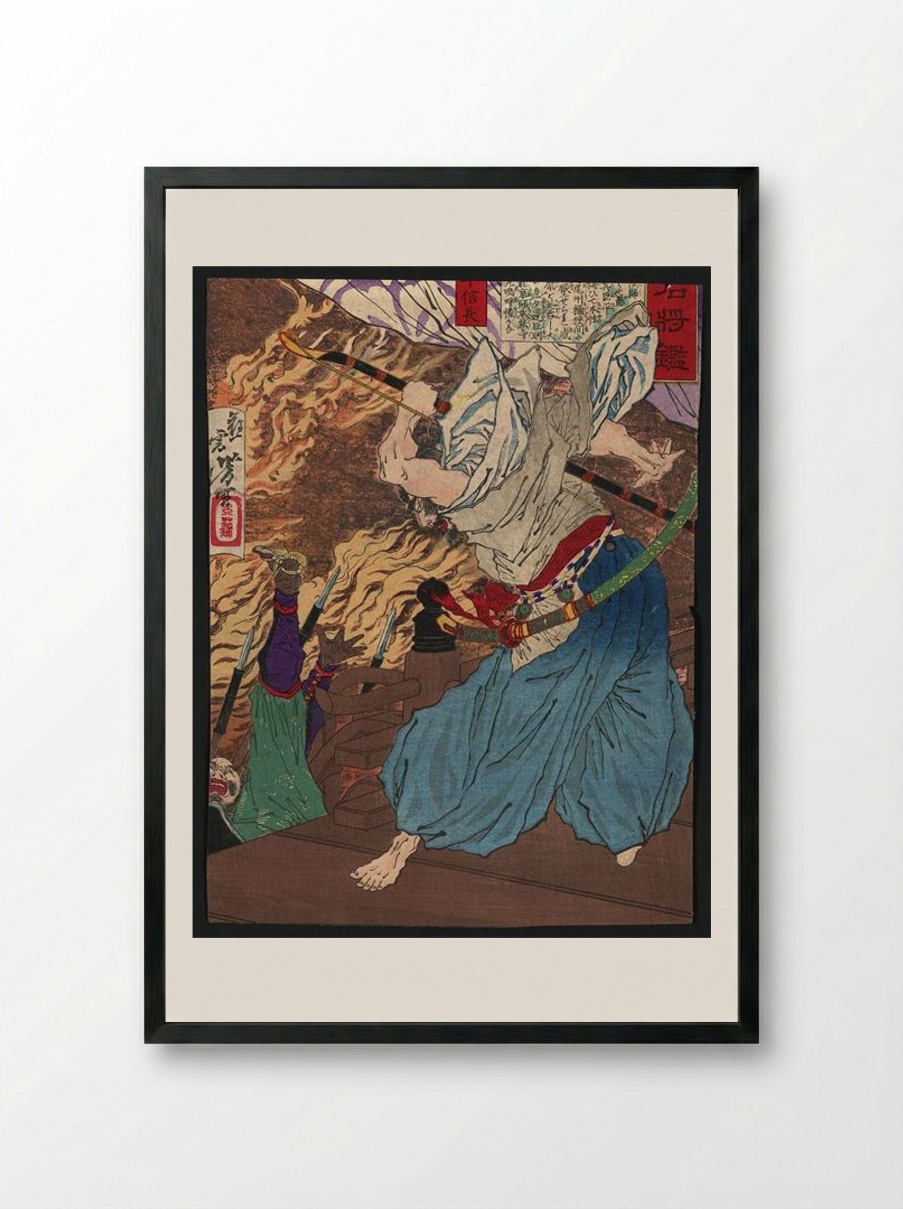 Oda Nobunaga at the Honno-ji Incident - Tsukioka Yoshitoshi - Framed Print Black